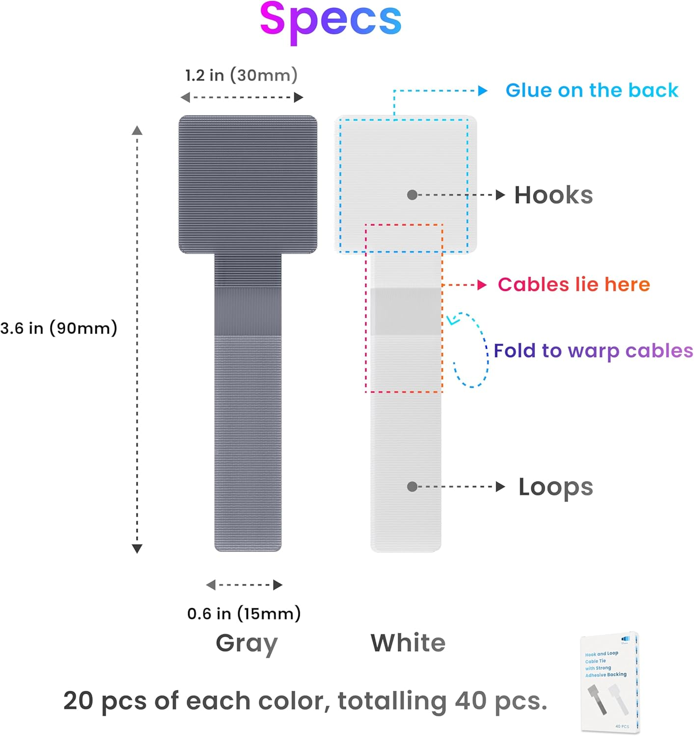 LX Intmfr. Hook and Loop Cable Ties, Self Adhesive Hook and Loop Cable Straps, Sticky-Back Cord Organizer, Cable Clip, Household & Office Essentials, 40Pcs per Pack image number 6