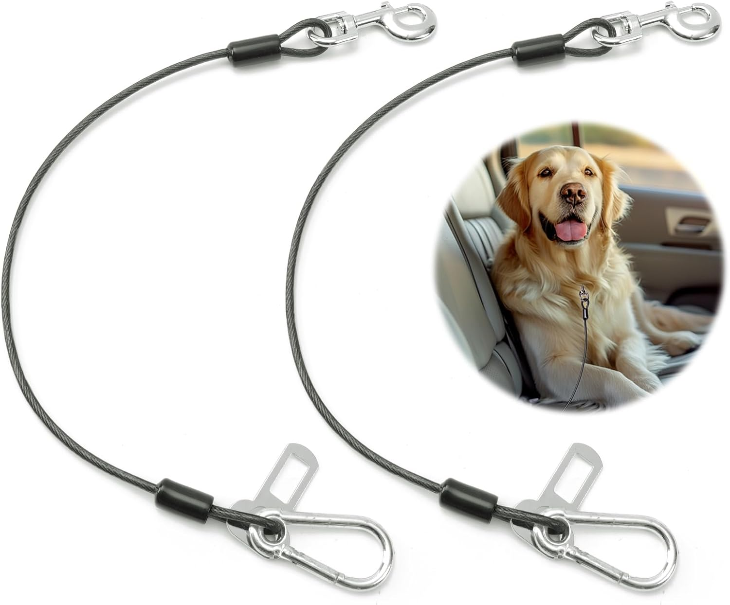 Dog Seat Belt for Car, 2Pcs Coated Wire Leash, Double Clip Safety Restraint, Chew Proof Tether Cable, 32Inch, Black image number 6