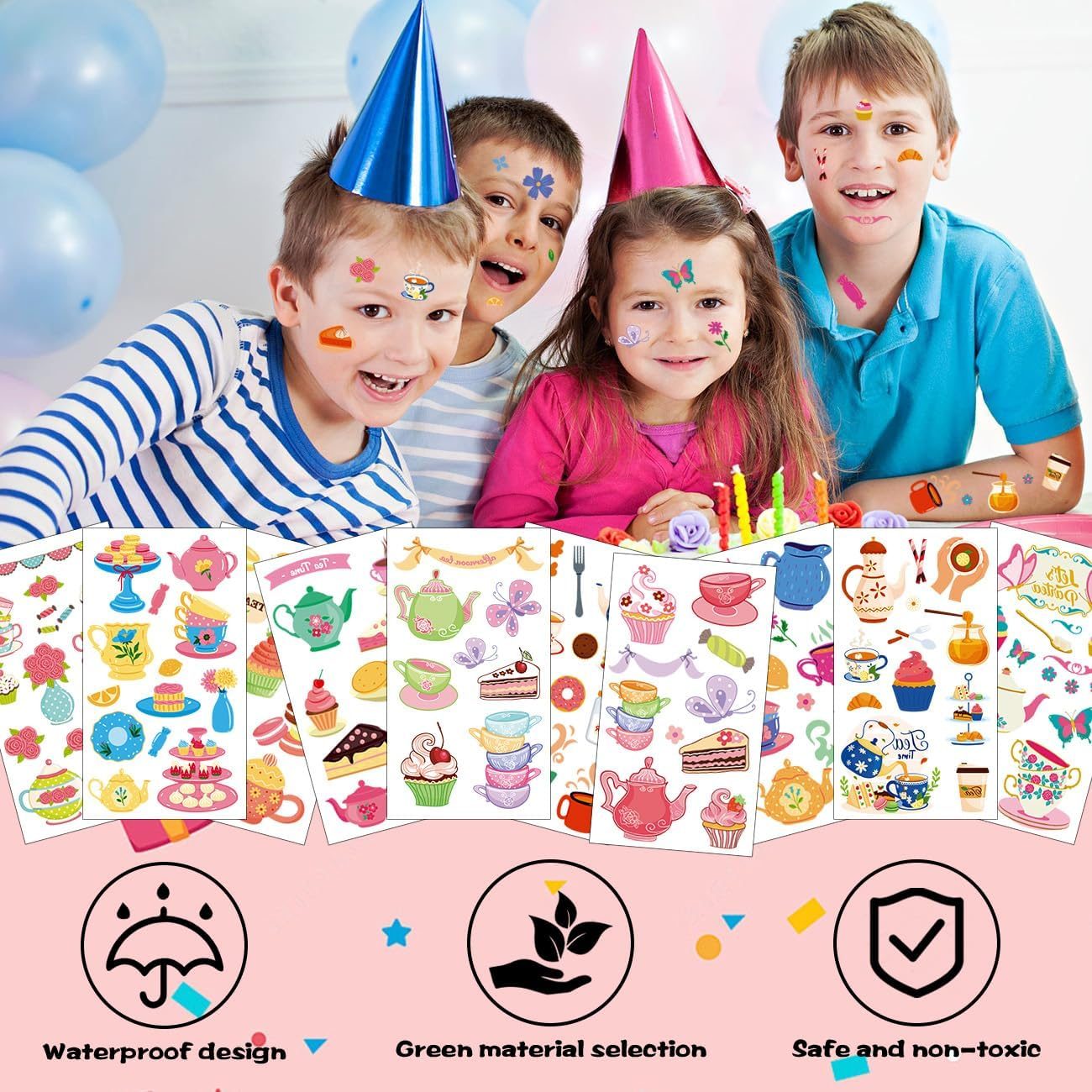 10 Sheets Temporary Tattoos Afternoon Tea Elegant Floral Teacup and Cookie Designs for Women and Girls Waterproof Body Art for Party and Festival image number 1