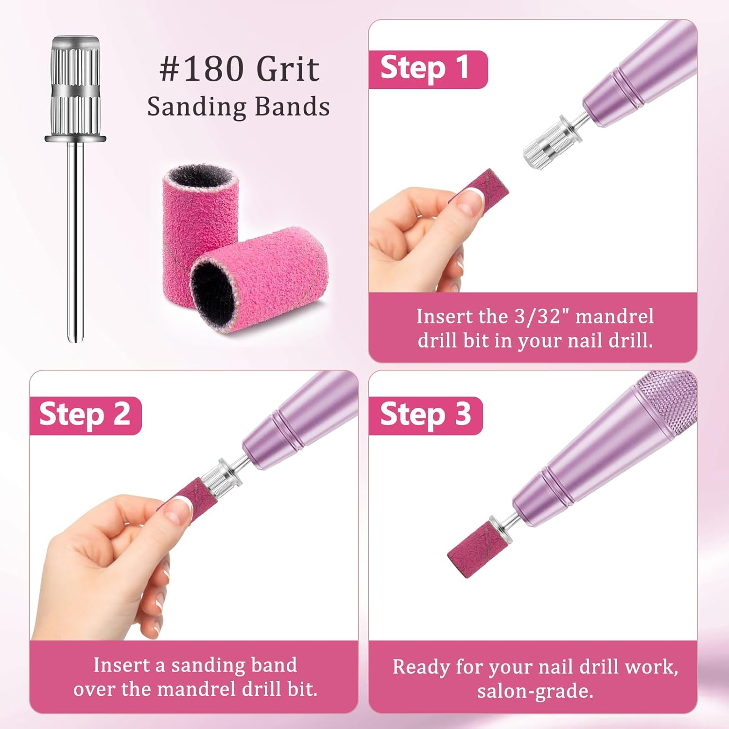 200Pcs Nail Drill Bits Sanding Bands with Nail Drill Bits, Professional Sand Band 180# Fine Grit Nail File Sanding Bands for Acrylic Nails Manicures and Pedicure image number 4