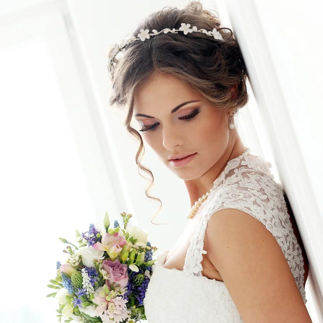 WUSJCOF Girls and Bride Communion Headband - Silver Flower Hair Accessories for First Holy Communion Wedding and Special Occasions