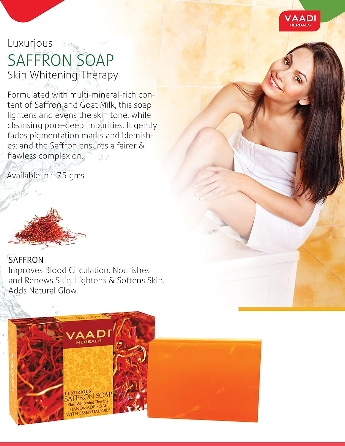 Vaadi Herbals Organic Body Soap Bar LUXURIOUS SAFFRON SOAP - Skin Whitening Therapy Handmade Herbal Soap (Aromatherapy) with 100% Pure Essential Oils - All Natural - Anti-Acne Deep Pore Cleansing Removes Pimples Oil Control Sulphate Free All Skin Type 3 X 75 Gm image number 3