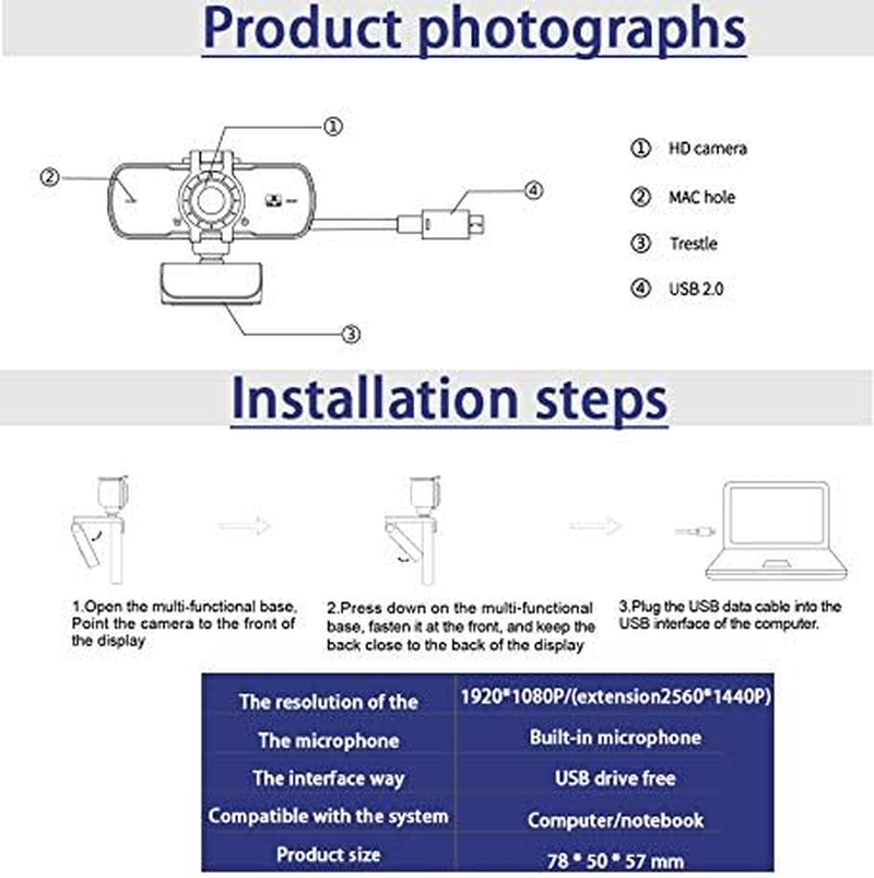 2K Full HD Webcam 1080P 1440P, Live Streaming Web Camera with Stereo Microphone, Desktop or Laptop USB Webcam 360 Rotating, HD Webcam for Video Calling, Recording, Conferencing, Streaming, Gaming (PC05) image number 4