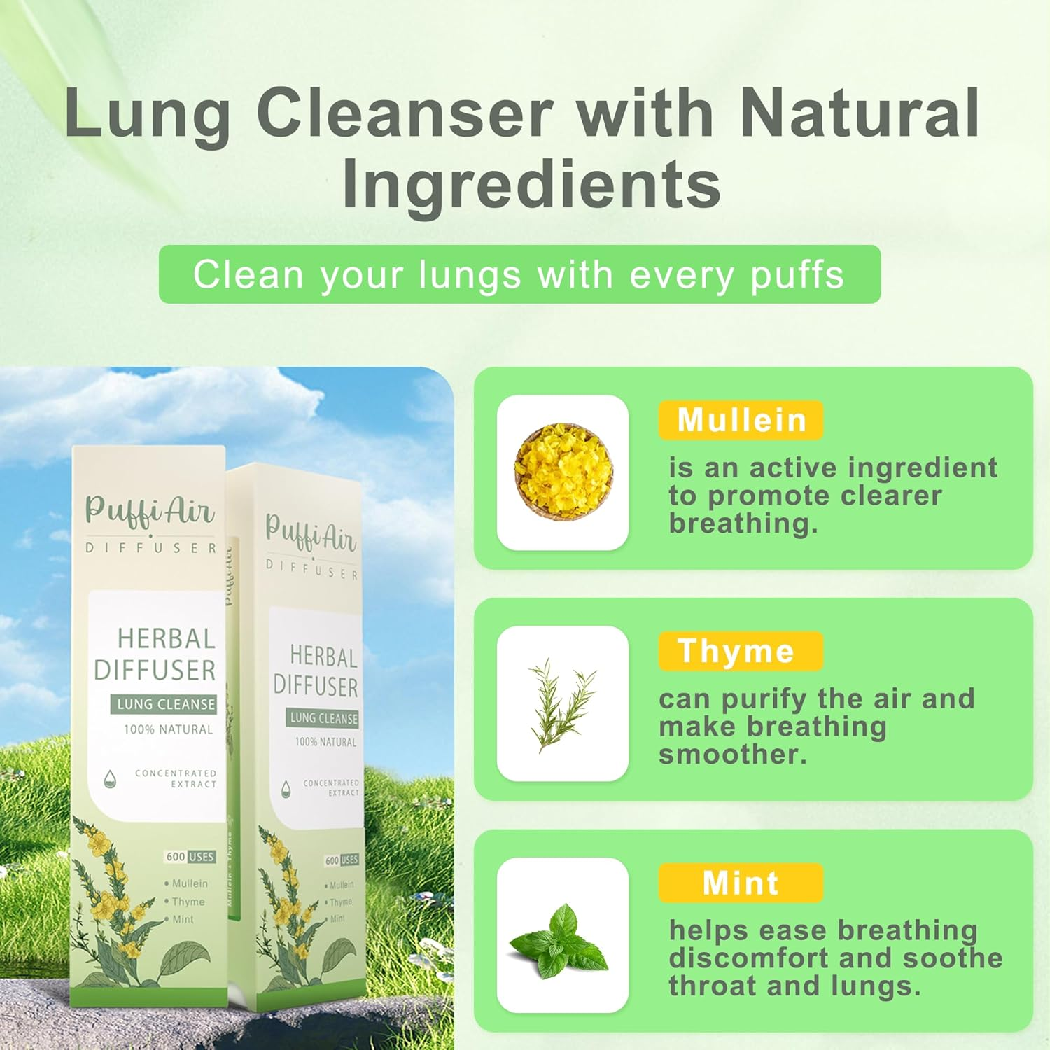 Puffiair Herbal Diffuser Upgraded with Extracts of Mullein, Thyme and Mint for Cleansing Lungs, Improving Breathing and Oral Air Freshening image number 3