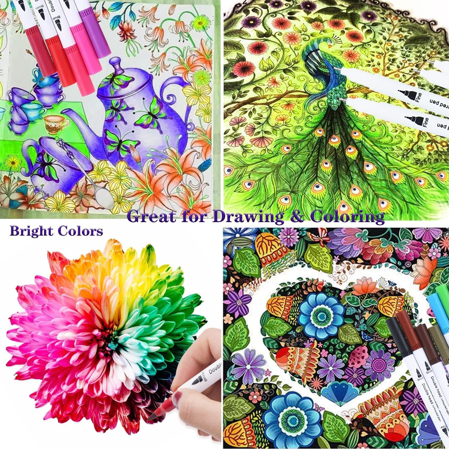 100 Colors Art Markers for Coloring,Coloring Pens,Dual Brush Tip Markers for Kids Adult Drawing,Fine Tip Pens for Art,Journaling,Doodling & Lettering image number 2