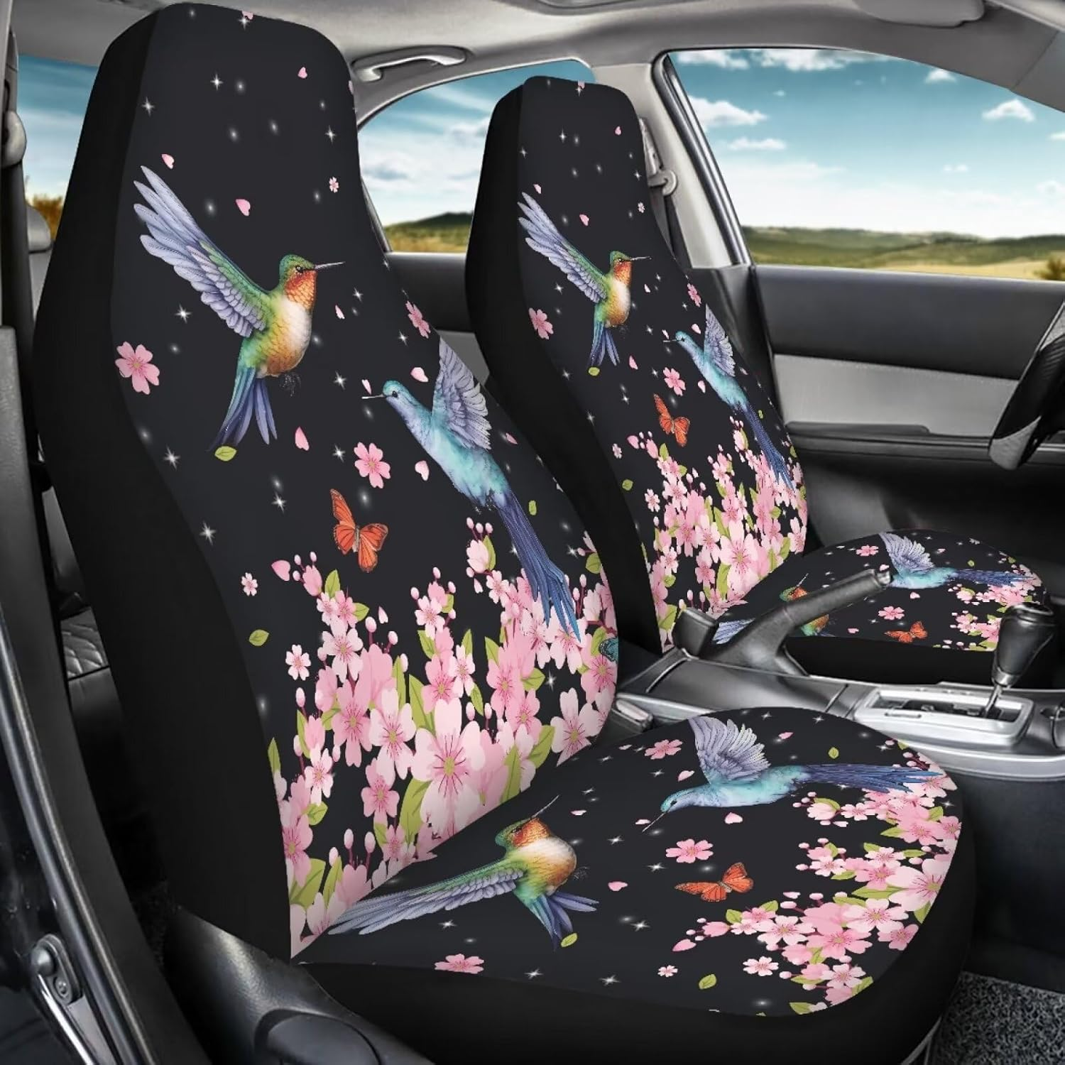 BIGCARJOB Flower Hummingbird Car Seat Cover Set for Front Seat Only,2 Pack Cherry Flower Birds Printed Auto Front Seat Protector Saddle Blanket for Women Girly Car Interior Accessories image number 1