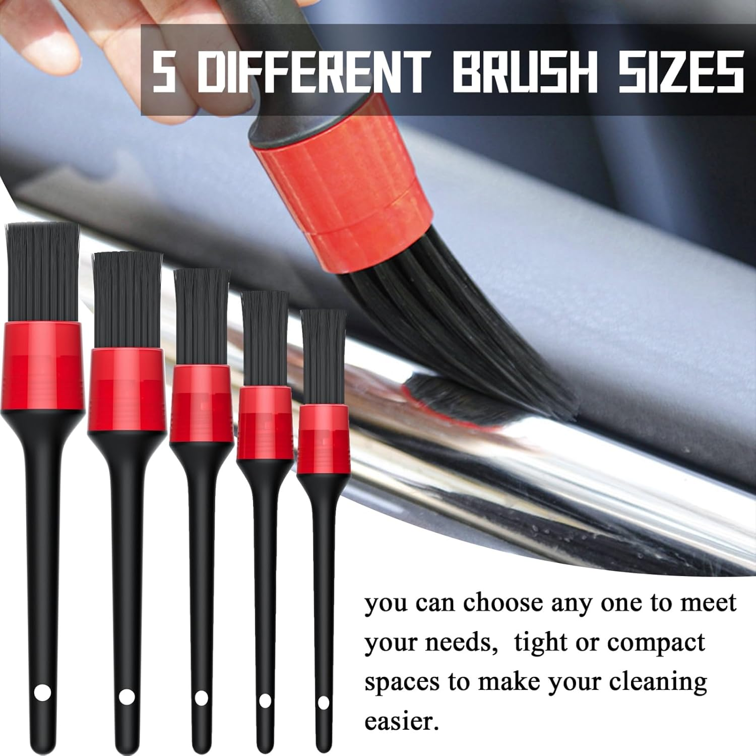 5 Piece Car Detail Brush Interior Cleaning Set Comes with 5 Different Sizes of Soft, Detail Cleaning Brushes for Cleaning the Interior and Exterior of Your Car, Dashboard, Engine, Seats image number 6