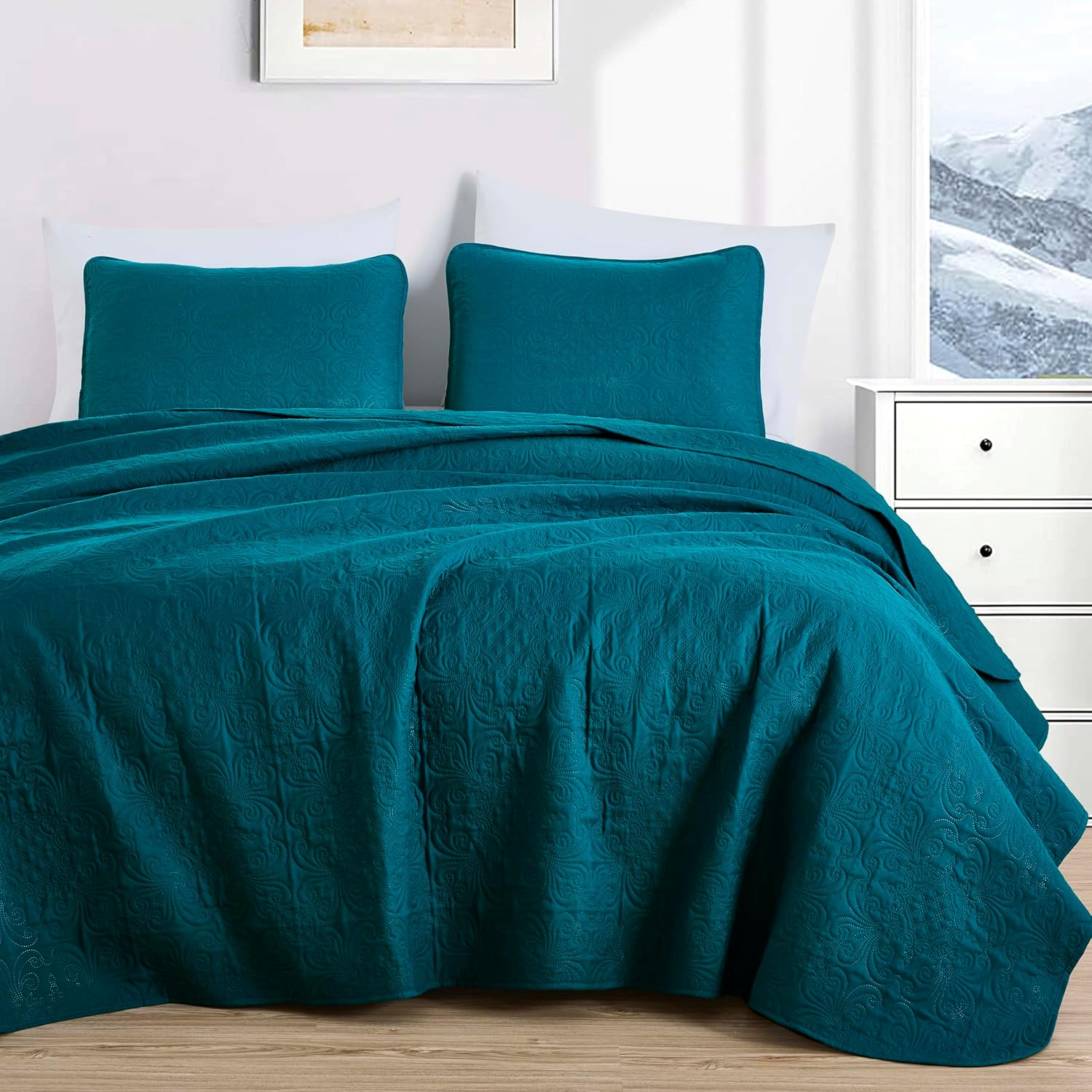 Chezmoi Collection Luca 3-Piece Oversized Bedspread Set, Queen Size, Teal - Summer Quilt Lightweight Microfiber Bedspread 100 X 106 - Floral Medallion Pattern Coverlet for All Season image number 2