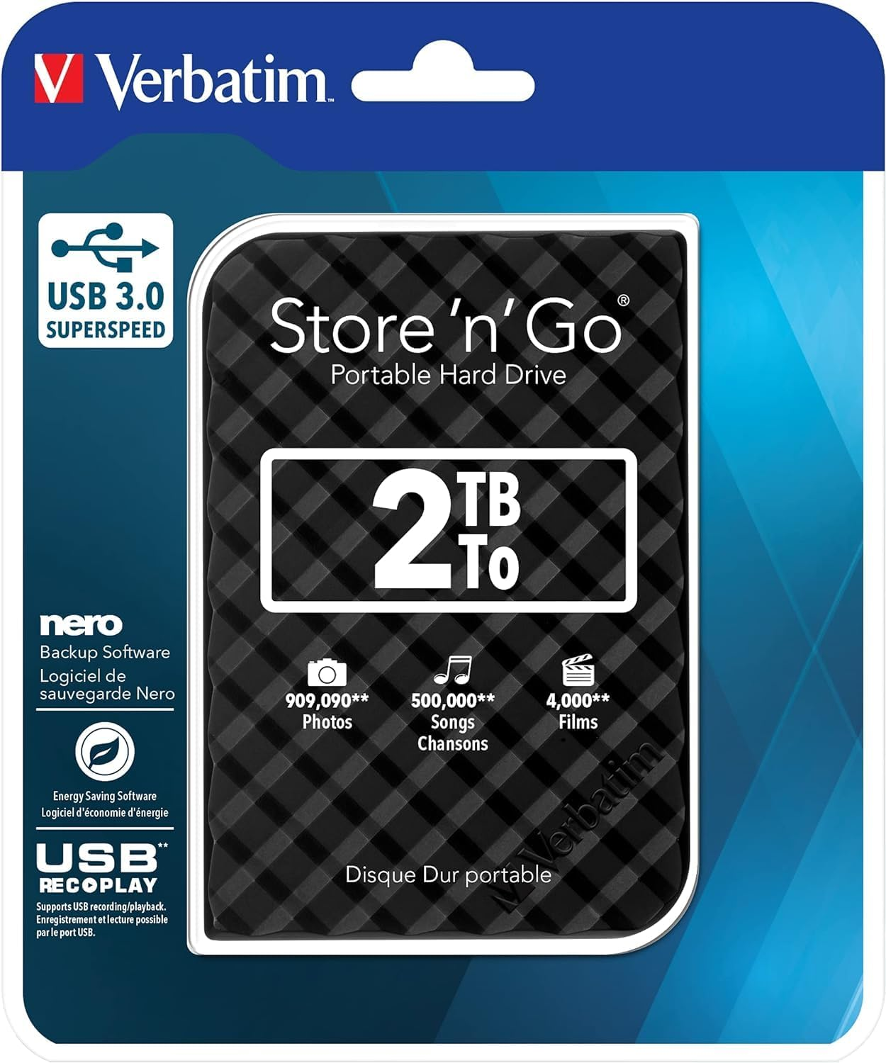 Verbatim Store'N'Go Grid Design USB 3.0 2 TB Hard Drive, Black image number 2