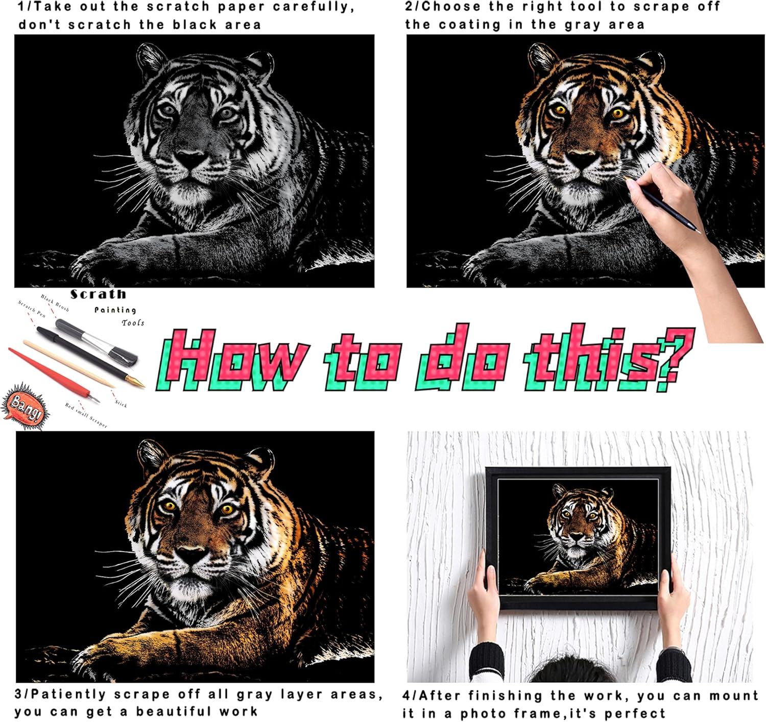 Scratch Rainbow Painting Art Paper,Scratch & Sketch Art for Kids & Adults,Animal Series Creative DIY Gifts&Arts Craft Kits with 4 Tools,16''X11''(Lion&Tiger)