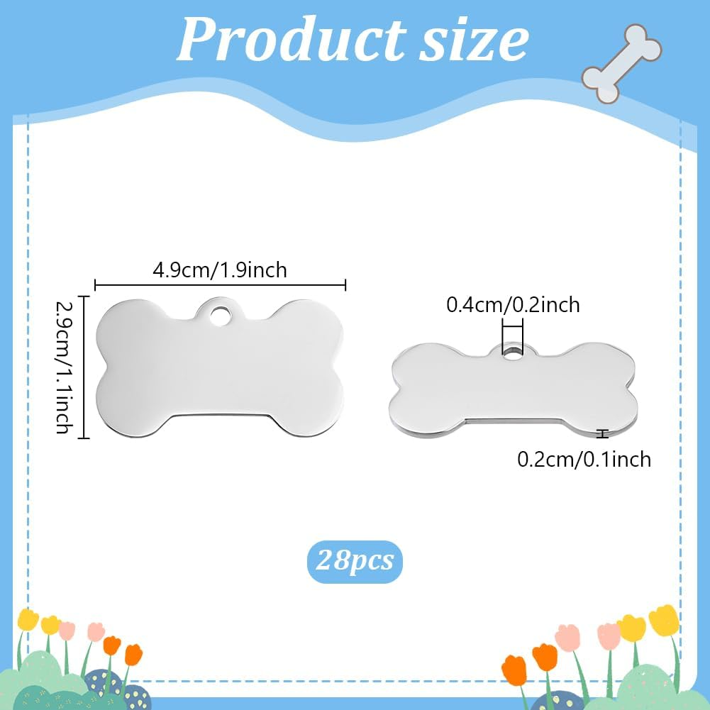 PH Pandahall 28Pcs 304 Stainless Steel Dog Tags Bone Shape Pet Nameplate Blanks Cute Dog Cat Tag Blanks Personalized Pet ID Tags for Laser Engraving DIY Crafts 1.9X1.1 Inch, Hole: 4Mm image number 2