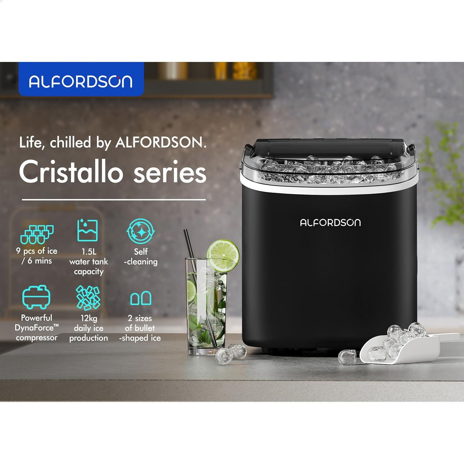ALFORDSON Portable Ice Maker Machine with Removable Basket and Scoop, 9 Cubes in 6 Mins, Self-Cleaning Ice Machine 1.5L, 12Kg Daily 2 Sizes Ice Cube Tray, for Home/Office/Kitchen/Bar, Black image number 2