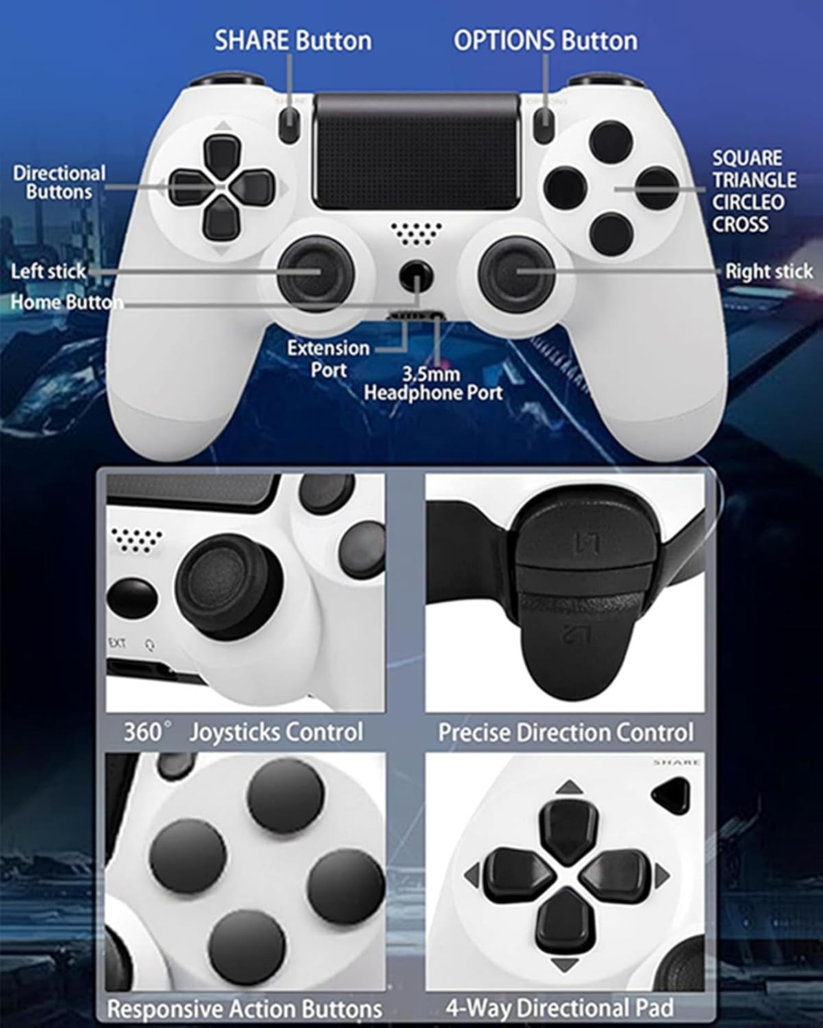 Wireless Controller for P-S4,Compatible with P-S4/Pro/Slim/Pc Bluetooth Controller,Dual Vibration,Touch Panel, 3.5Mm Audio Jack,Six-Axis Joystick,White,2Pcs image number 1