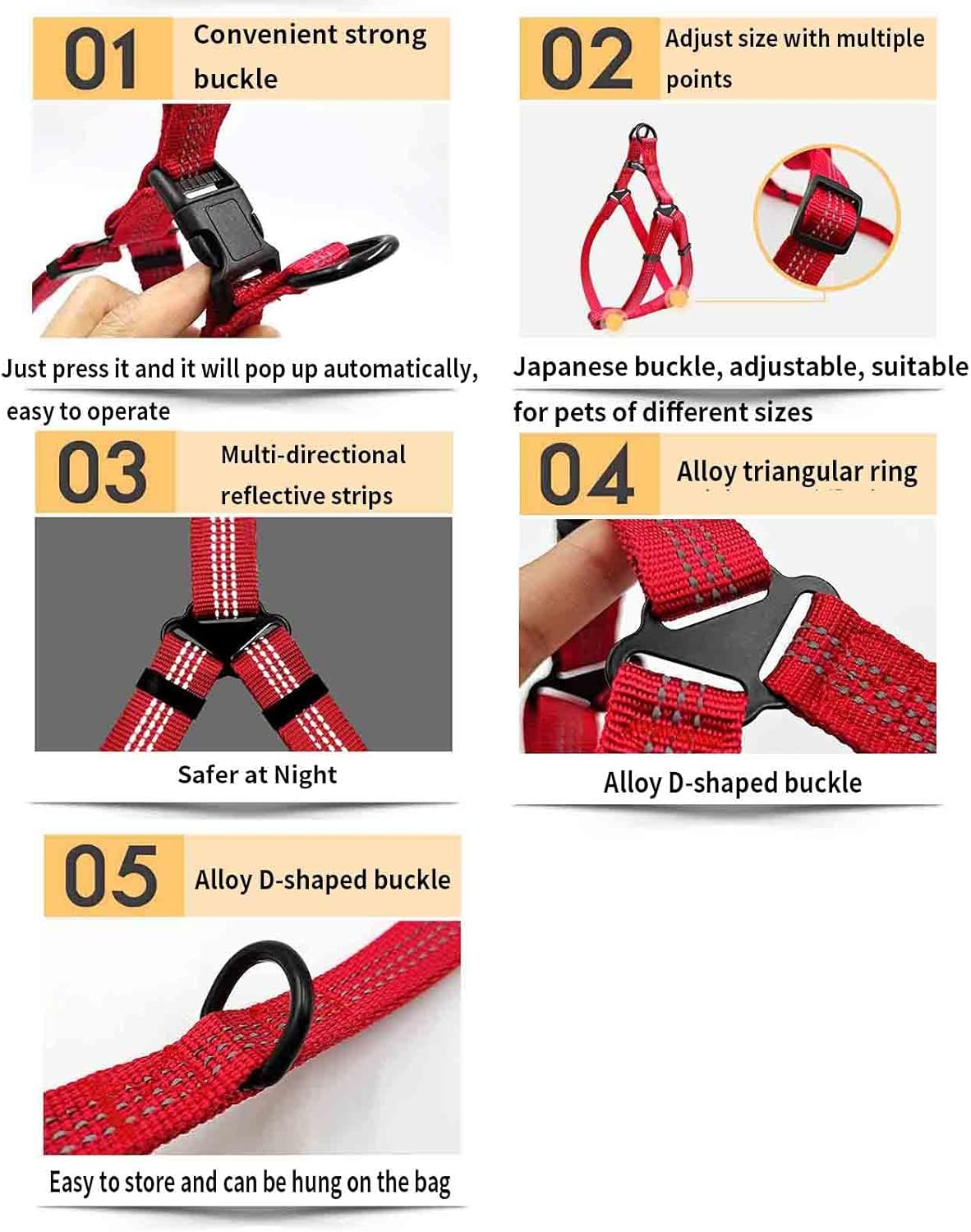 Rope Vest Harnesses Dog Lead Dog Leads Dog Leash Long with Carabiner for Small Dogs Buckle Double Ring Drawstring Hook Loop Reflective at Night Vest Type Pet Outing Alloy Buckle (M,Black) image number 6