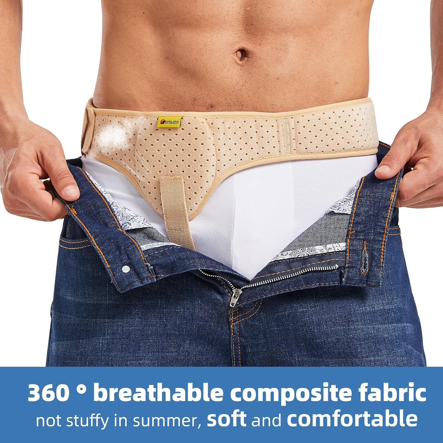 Tenbon Hernia Belt Truss for Men and Women Left or Right Side, Hernia Belt Truss for Single Inguinal or Sports Hernia with Removable Compression Pads for Pre or Post-Surgical Scrotal, Femoral, Comfortable Adjustable Waist Strap Guard, Beige (M) image number 4