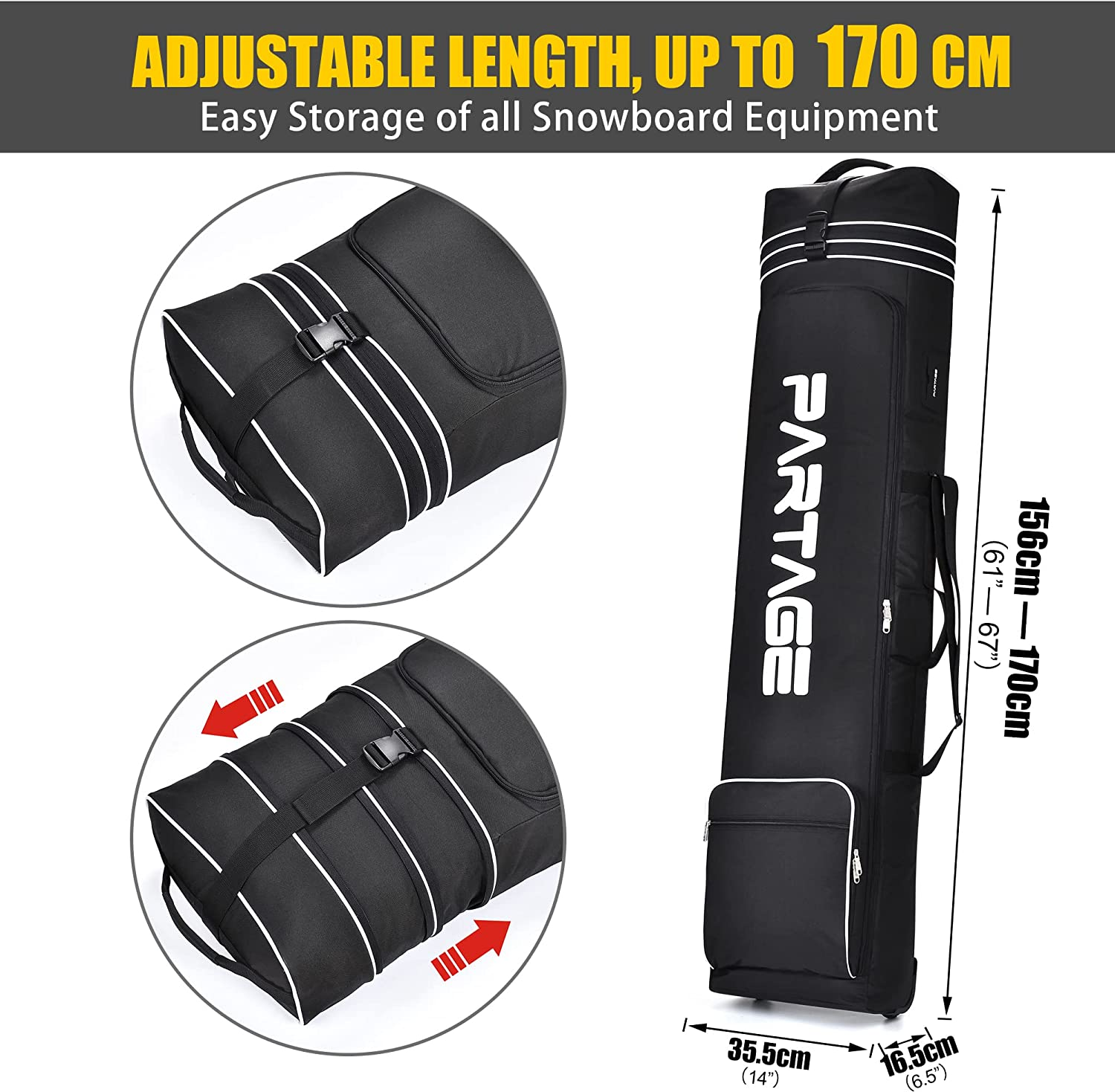 Snowboard Bag with Wheel, Store & Transport Snowboard up to 170 Cm, 600D Waterproof Oxford -Black