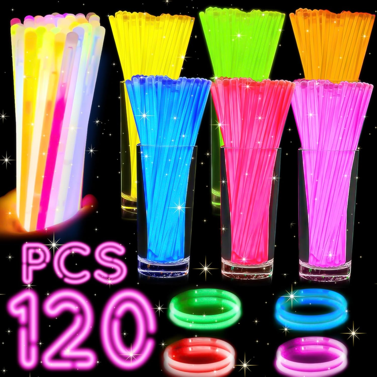 Wukong Glow Sticks 120 PCS - Ultra Bright 6 Colours Glow in the Dark Party Supplies with Connectors for Bracelet Necklace, Glowsticks Party Favours for Halloween, Christmas, Birthday Party Decoration