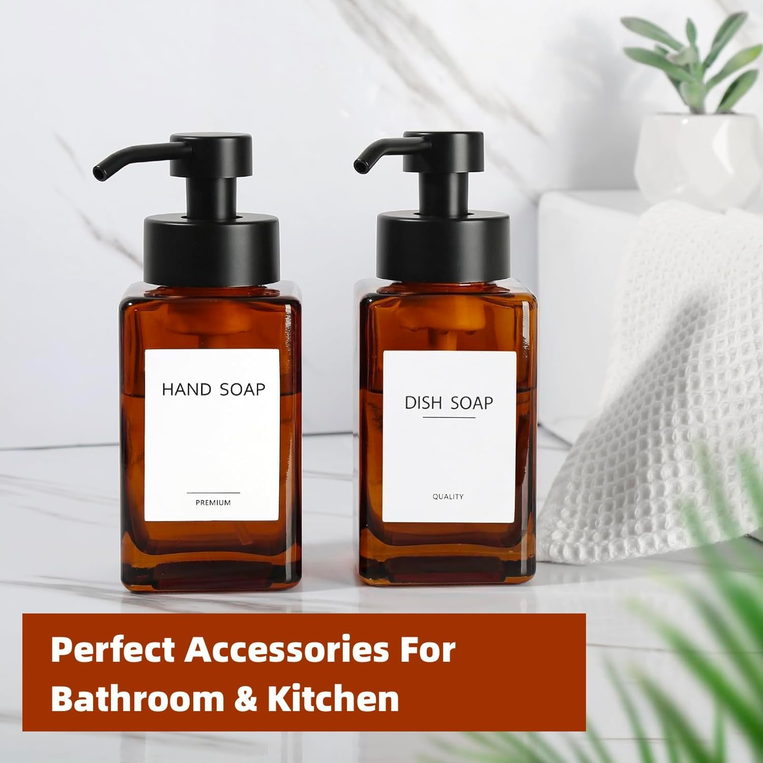 2Pcs Refillable Foam Soap Dispenser with Foaming Pump ，12Oz/350Ml Glass Foaming Hand Soap Dispenser Set，With Foaming Pump for Bathroom, Kitchen (Amber) - Amber image number 6