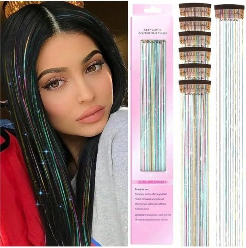 6 Pieces Clip in Glitter Tinsel Hair Extensions. Festival, Party, Dress Up, Glamour, Glitter 20 Inches - Heat Resistant (Bright Blue)