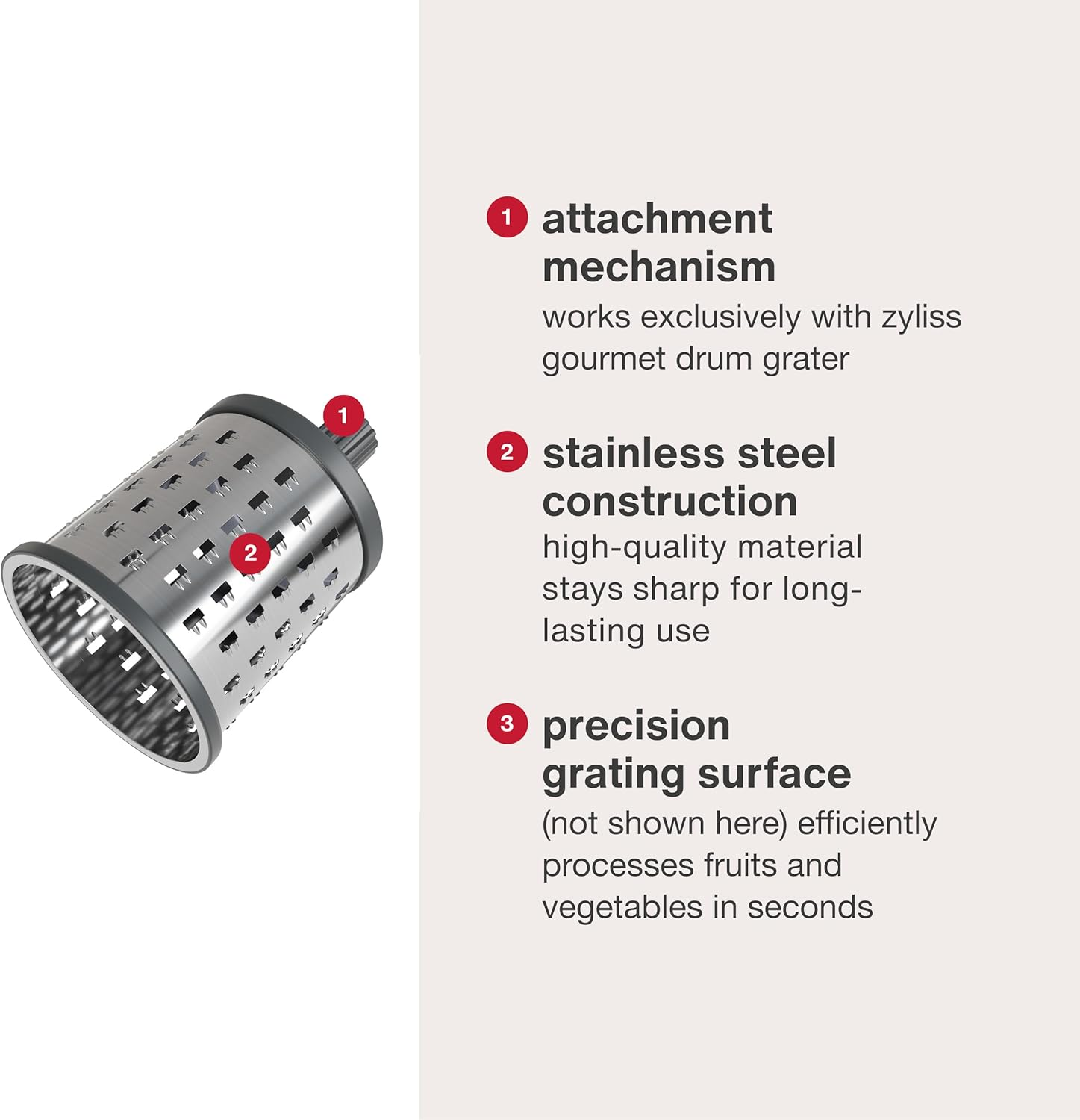 Zyliss Universal/Bircher Drum Grater | High-Quality Stainless Steel Design for Effortless Grating of Apples, Cereals, and Granola | Sharp, Durable Blades | Compatible with Zyliss Rotary Cheese Grater image number 3