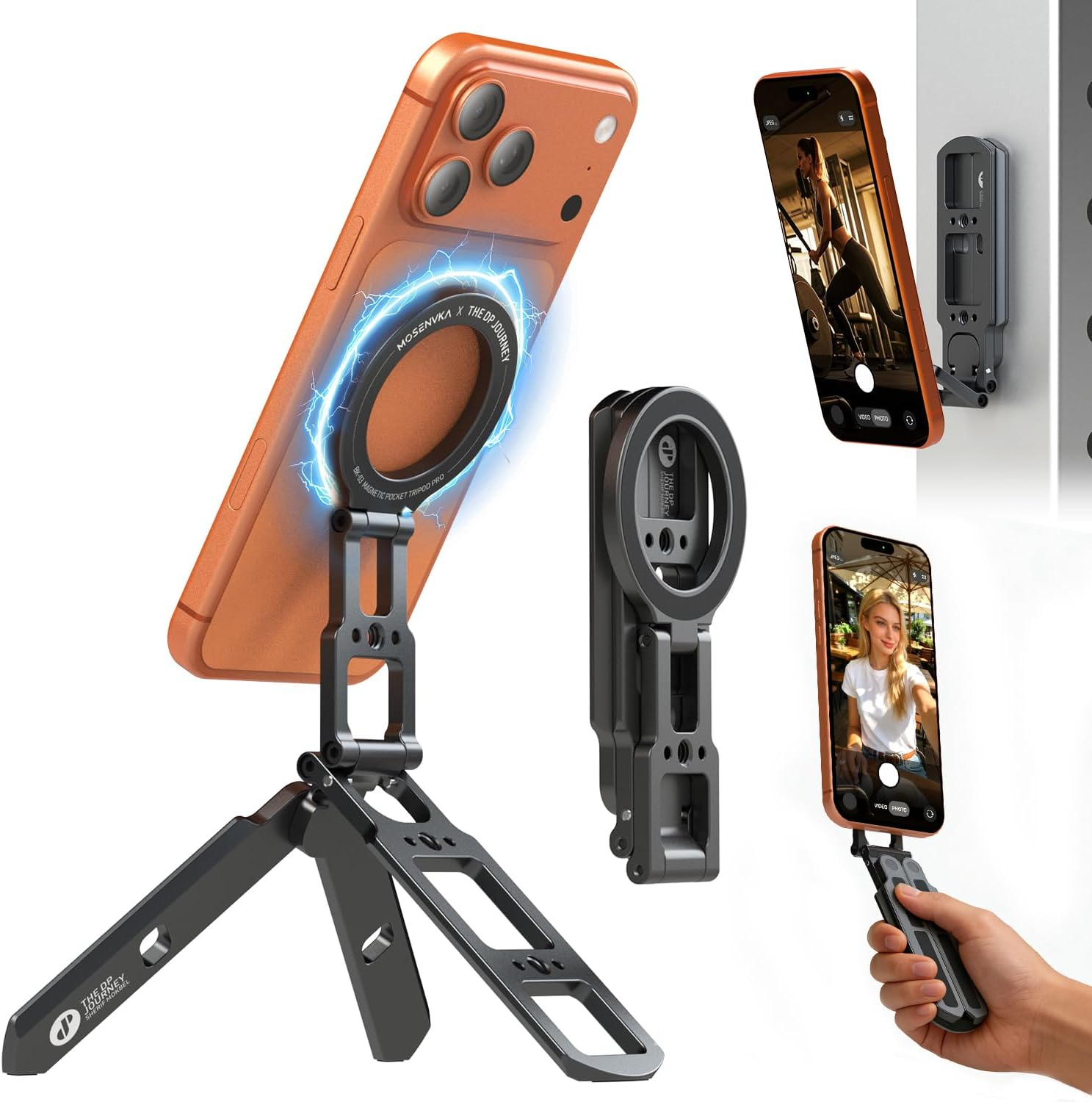 MOSENVKA Dual Magnetic Phone Tripod Foldable Double Magnet Mount Pocket Cell Phone Stand for Iphone 16/15/14/13/12 plus Max for Ipad Travel Gym Magnetic Tripod [US Patent Registered] image number 2