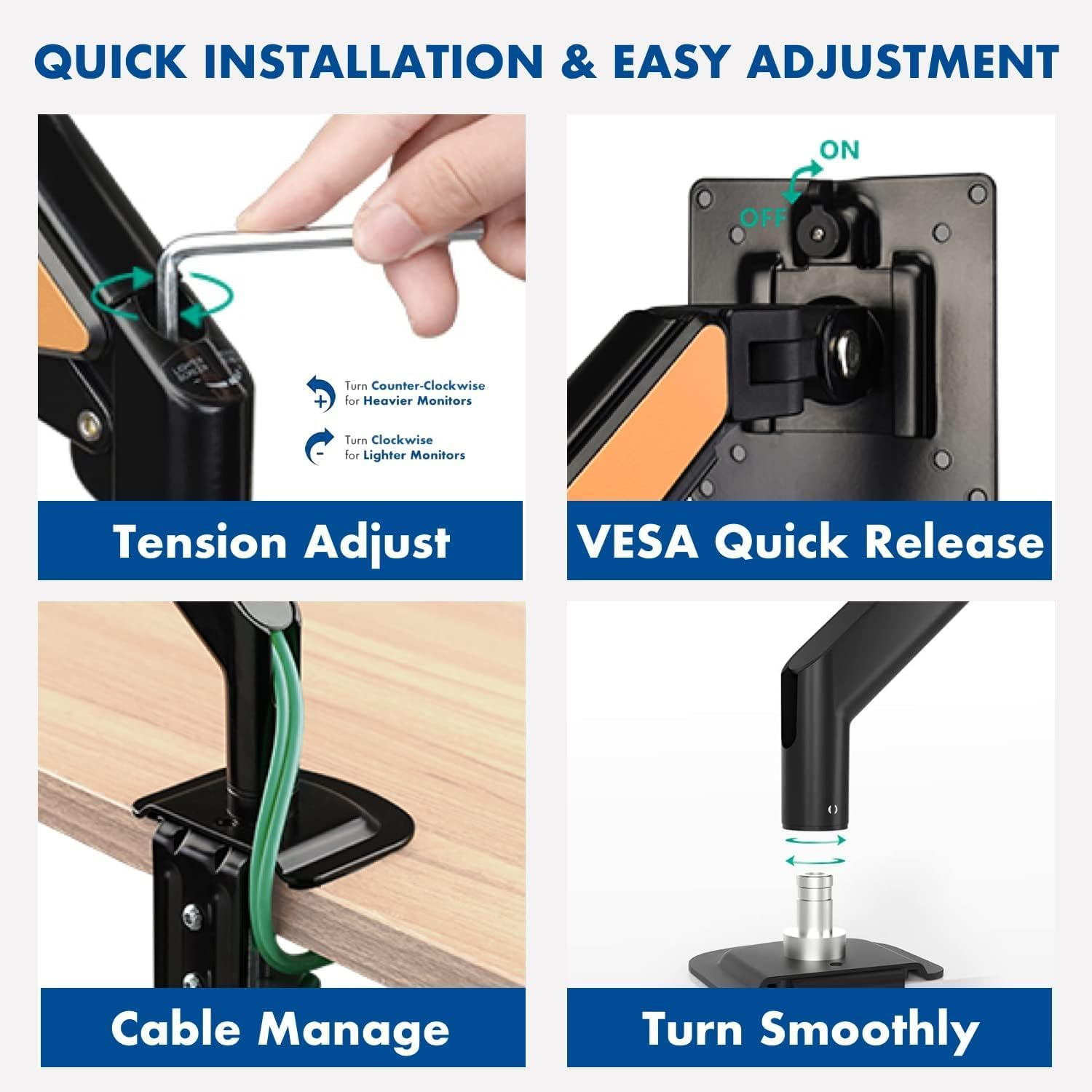 Single Monitor Arm Aluminium - Gas Spring Monitor Arm 13-32 Inch Screen, Adjustable Ergonomic Monitor VESA Mount Screen Stand, Aluminium Gaming Monitor Mount &Grommet Mounting Base, 4.4-19.8Lbs image number 5