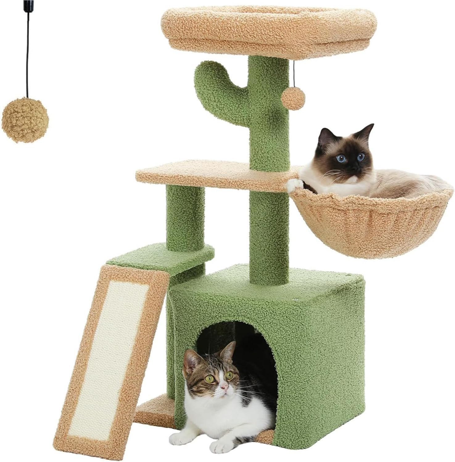Cat Tree for Indoor Cats, Small Cat Tower with Large Cat Condo, Scratching Posts, Large Top Perch for Kittens,Cozy Hammock and Scratching Ladder for Kittens, Cactus Green image number 3