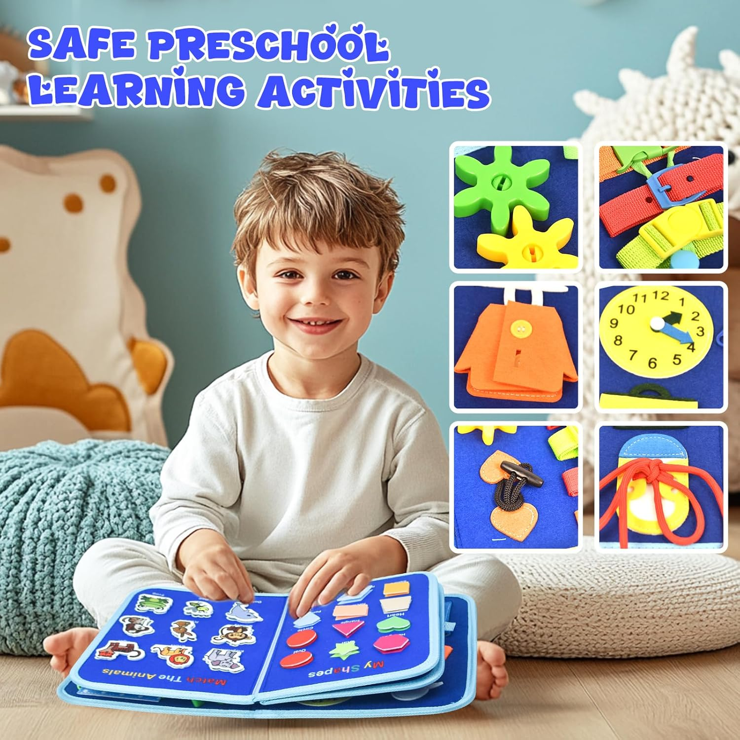 Ryzagin Toddler Busy Board Montessori Toys for Kids, Sensory Learning Toys for Fine Motor Skills, Travel Activity Book, Educational Boys & Girls, Birthday Present (Blue) - Purple image number 7