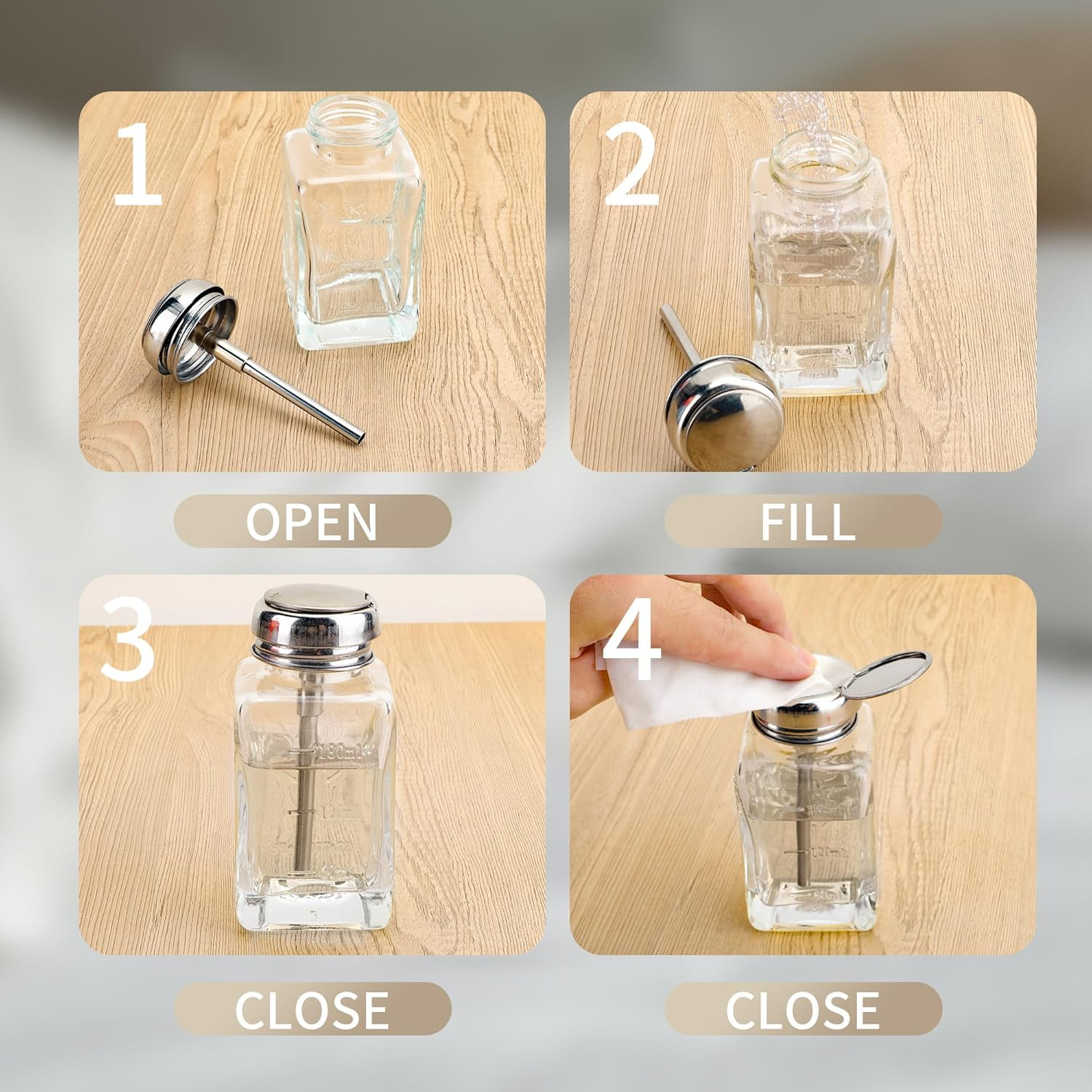 Soug 3 Pcs 6 Oz/ 180 Ml Clear Pump Dispenser Bottle with Metal Flip Cover Glass Nail Polish Remover Push down Dispenser Bottle Refillable Push down Pump Dispenser Press Container for Makeup Remover image number 4