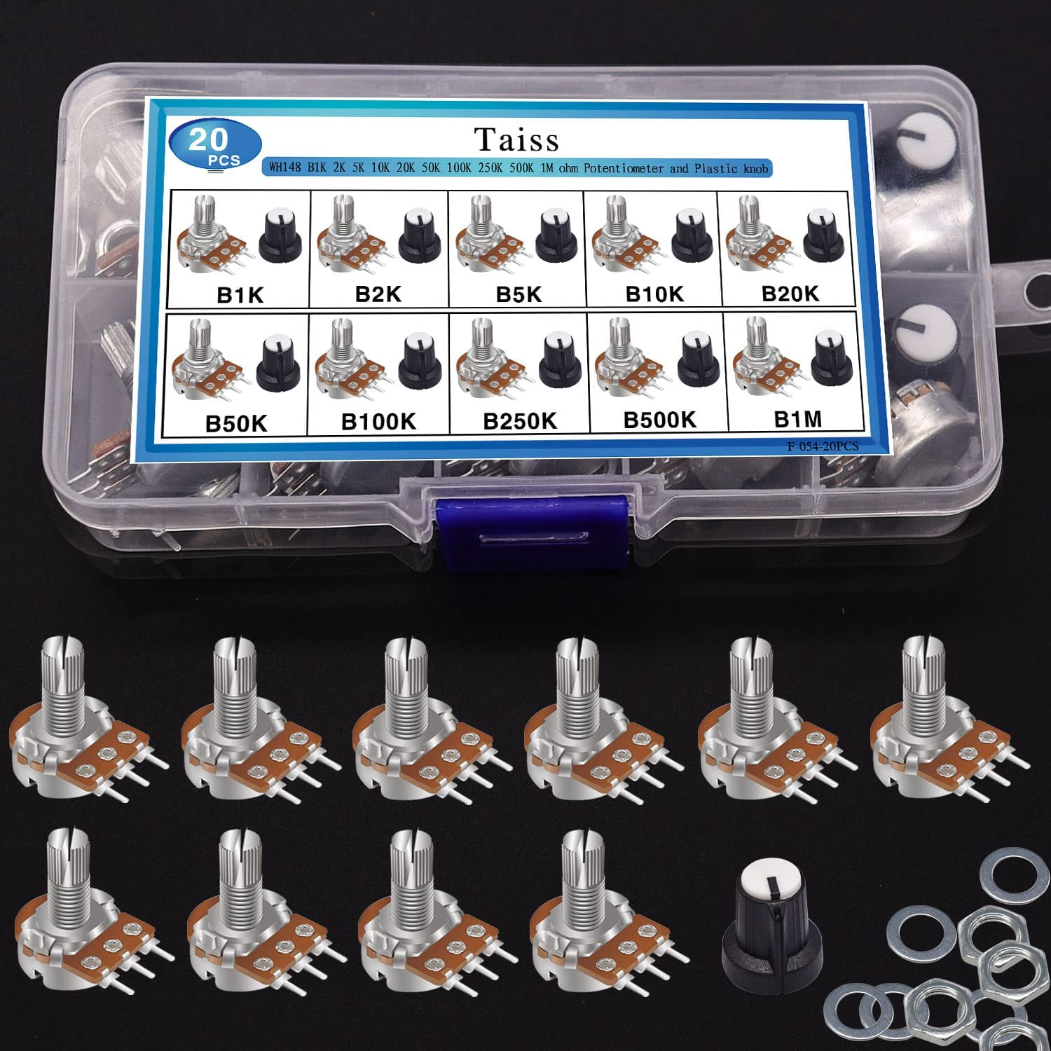Taiss 20PCS Potentiometer Kit with Knobs B1K 2K 5K 10K 20K 50K 100K 250K 500K 1M Ohm Potentiometers Assortment 3 Terminals Linear Taper Rotary Audio B Type Potentiometer,Volume Control Potentiometer image number 1