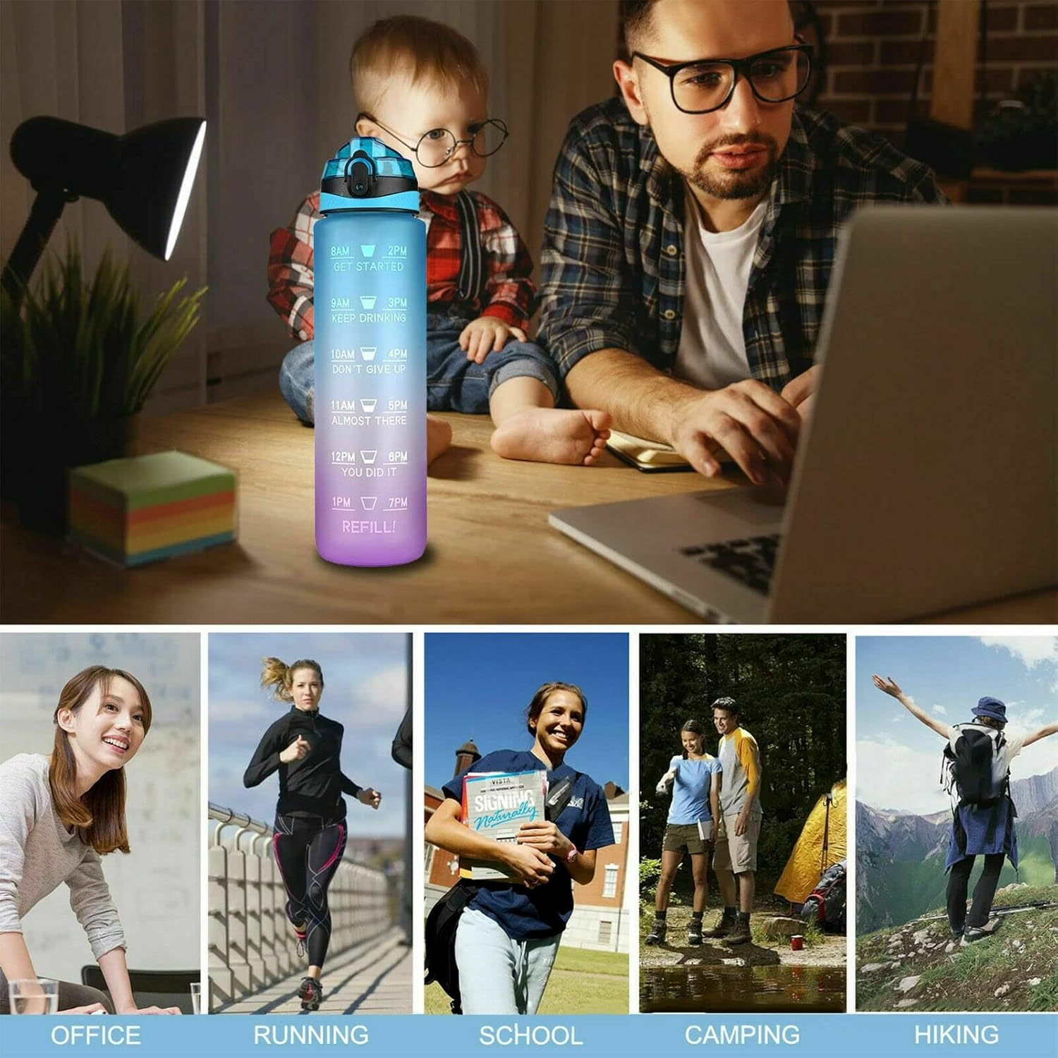 Water Bottle 1L Motivational Drink Flask with Time Markings BPA Free Sport Gym (Grey)