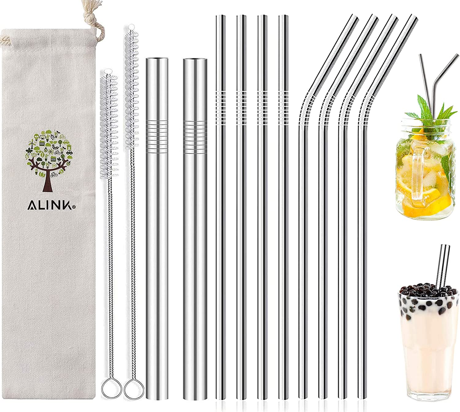 ALINK 10-Pack Reusable Stainless Steel Metal Straws,2 Metal Boba Tea Smoothie Straws,10.5"*6Mm Drinking Tumbler Straws for Yeti, RTIC, Starbucks Jars, Mason Tumblers with 2 Cleaning Brush and Case image number 3