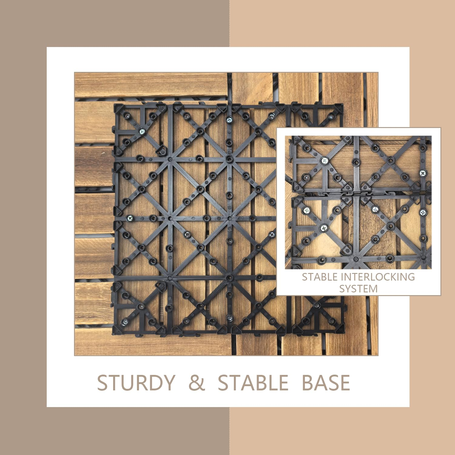 10PCS Interlocking Deck Tiles 29.5Cm X 29.5Cm, Flooring Tiles for Both Indoor and Outdoor, Pine Wood Floor Tiles, Patio Tiles for Balcony Flooring image number 4