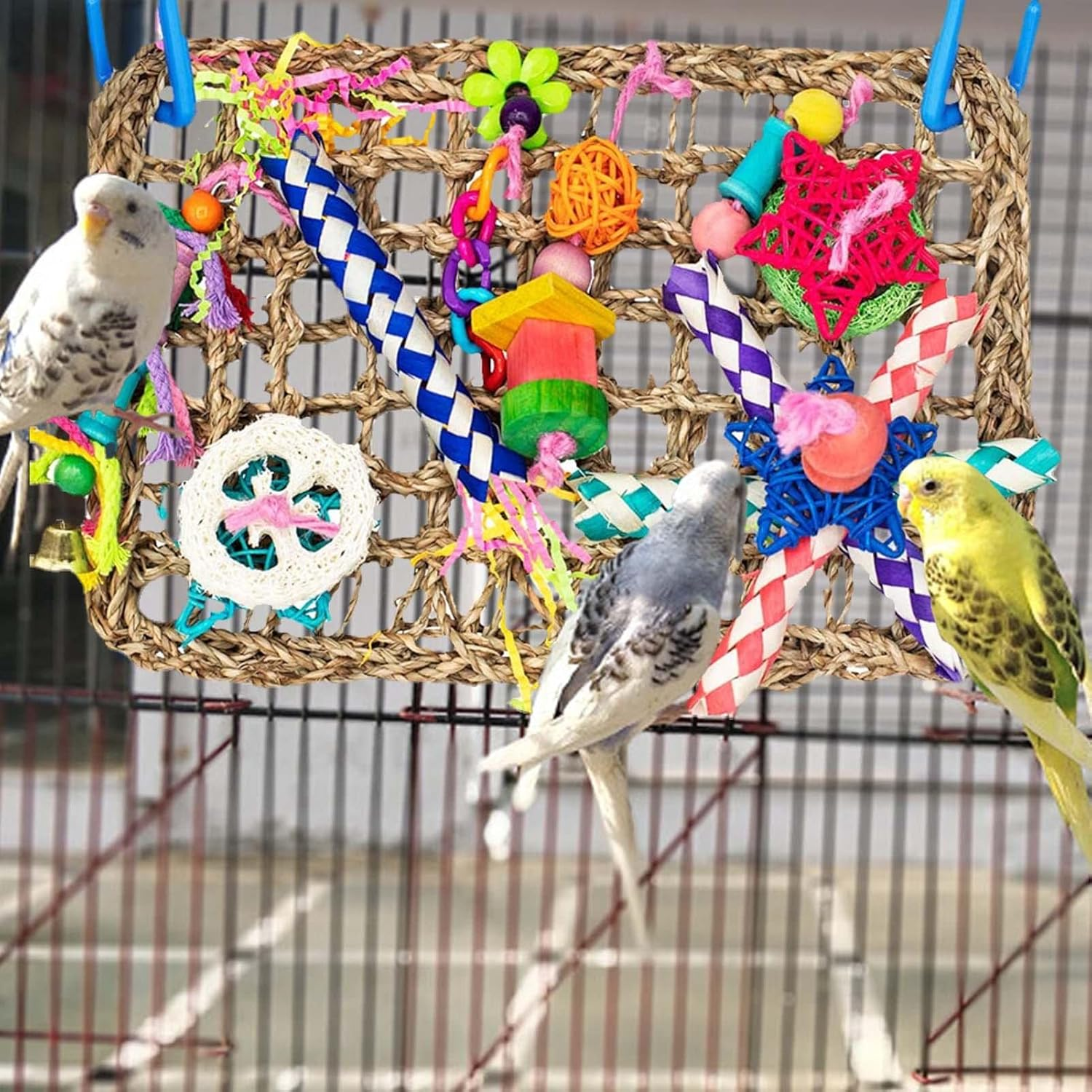 Bird Foraging Wall Toy - Bird Parakeet Toys Foraging Shredding Toys - Parakeet Toys Bird Foraging Toys Seagrass Woven Climbing Net Chewing Interactive for Parrots Parakeets image number 5