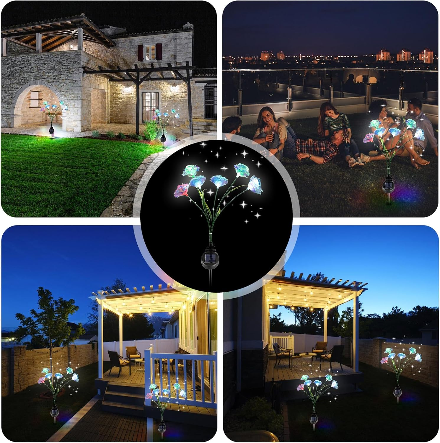 Pack of 2 LED Solar Lights Flower, Rose Petal Solar Garden Lights for Outdoor Garden, IP65 Waterproof Swinging Solar Garden Lights for Yard, Patio, Walkway Decoration image number 5