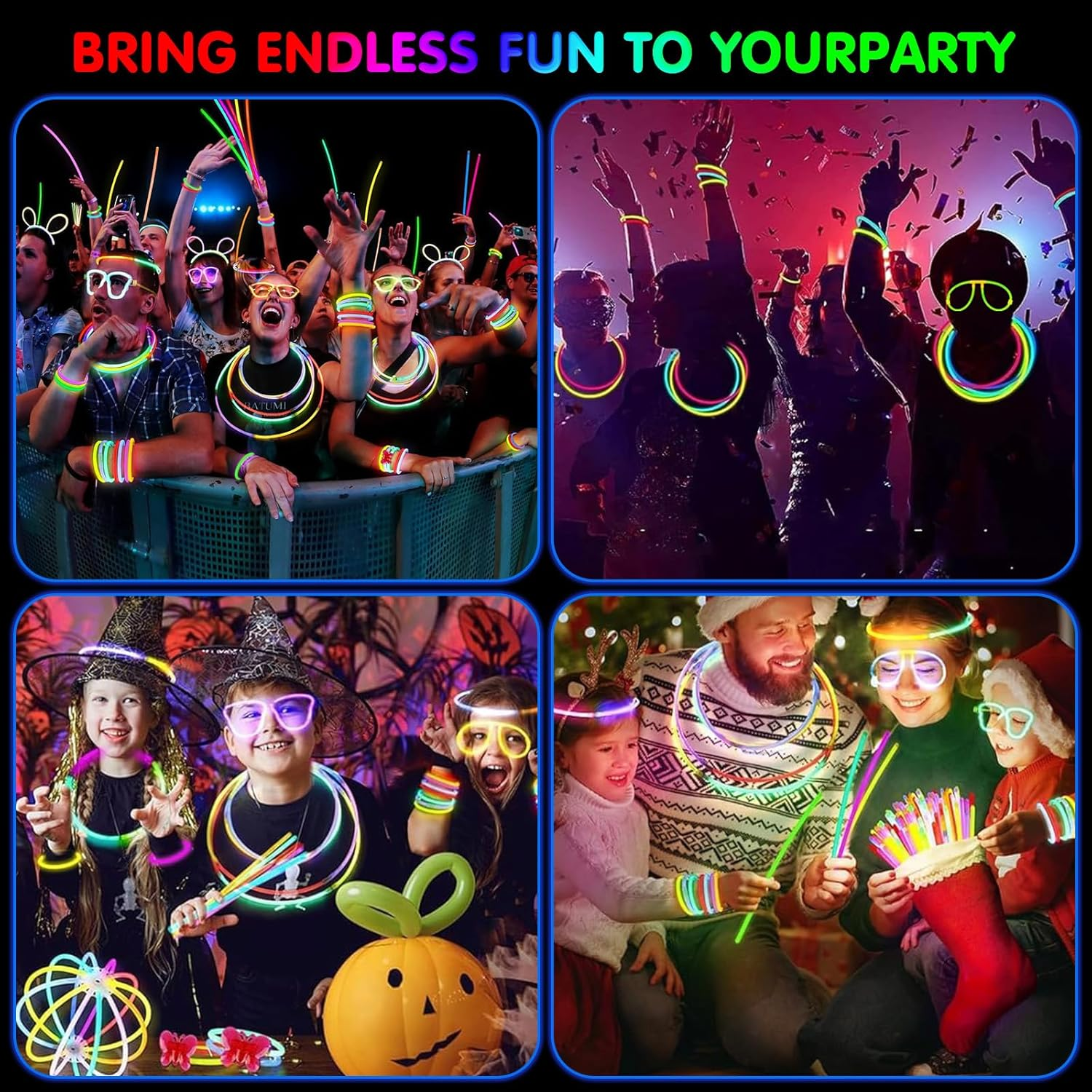 252Pcs Glow Sticks Bulk Party Favors-Safe Glowsticks with 152 Connectors for DIY Bracelets, Necklaces, Glasses, Perfect for Night Events, Easter, Christmas, Halloween, Football Party Supplies image number 1