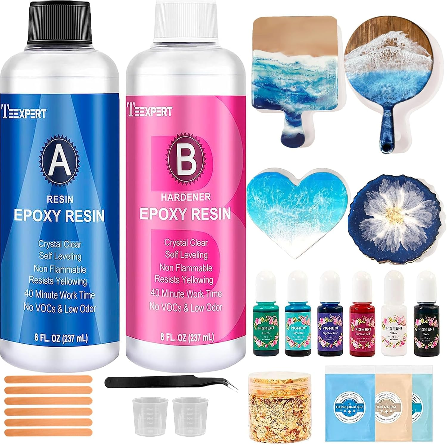 Teexpert Epoxy Resin Kit for Beginners, 474Ml Crystal Clear Resin Starter Kits with Moulds, Pigments, Mica Powder, Gold Leaf, Resin Kit for Coaster Jewelry Tray Coating and Casting image number 2