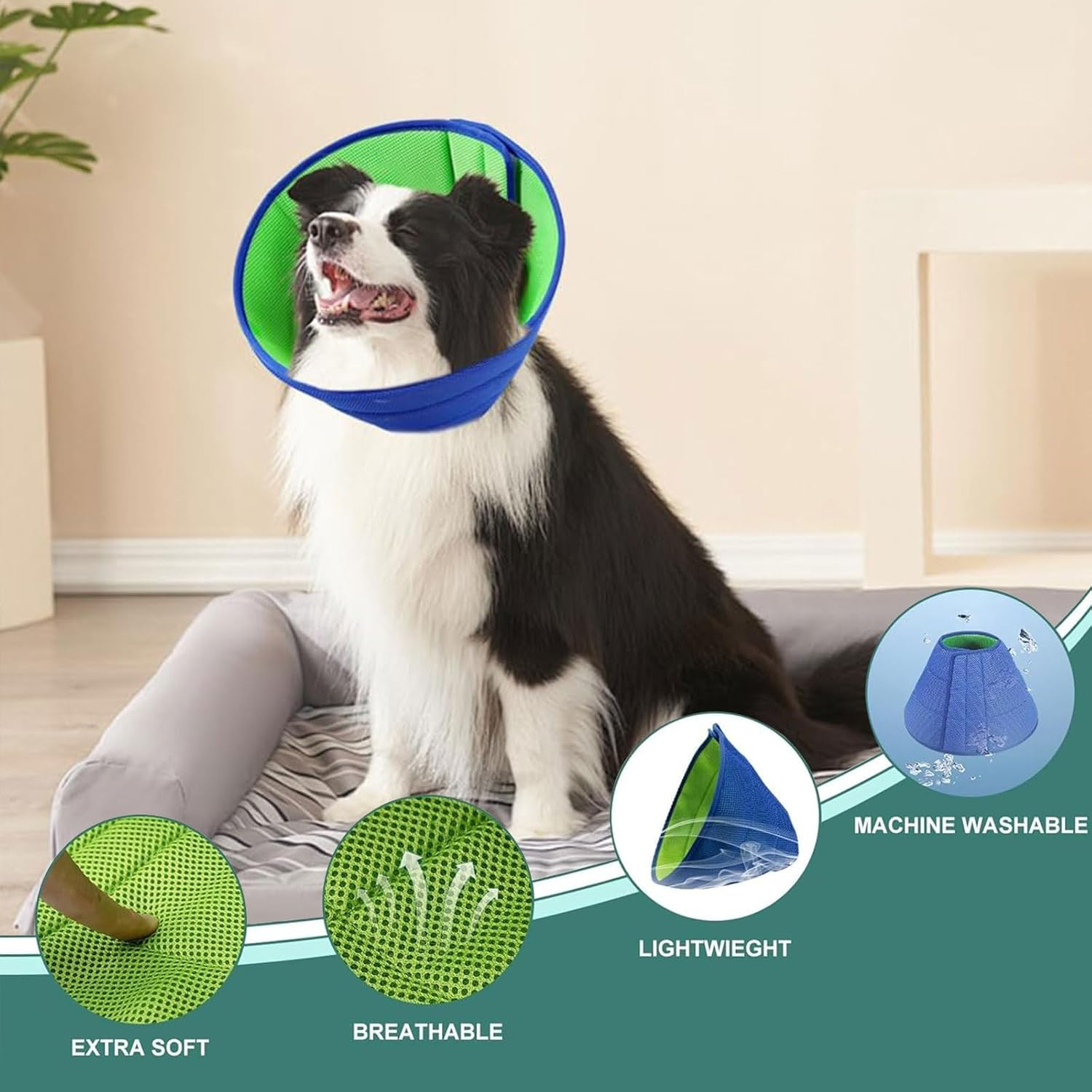 Dog Cone Soft Recovery Collars & Cones after Surgery for Medium Large Dogs, Comfy Ecollars to Stop Licking, Adjustable, Dog Ecollars for Recovery Fabric, Ecollars of Shame Alternatives (Blue-Green, L) image number 4
