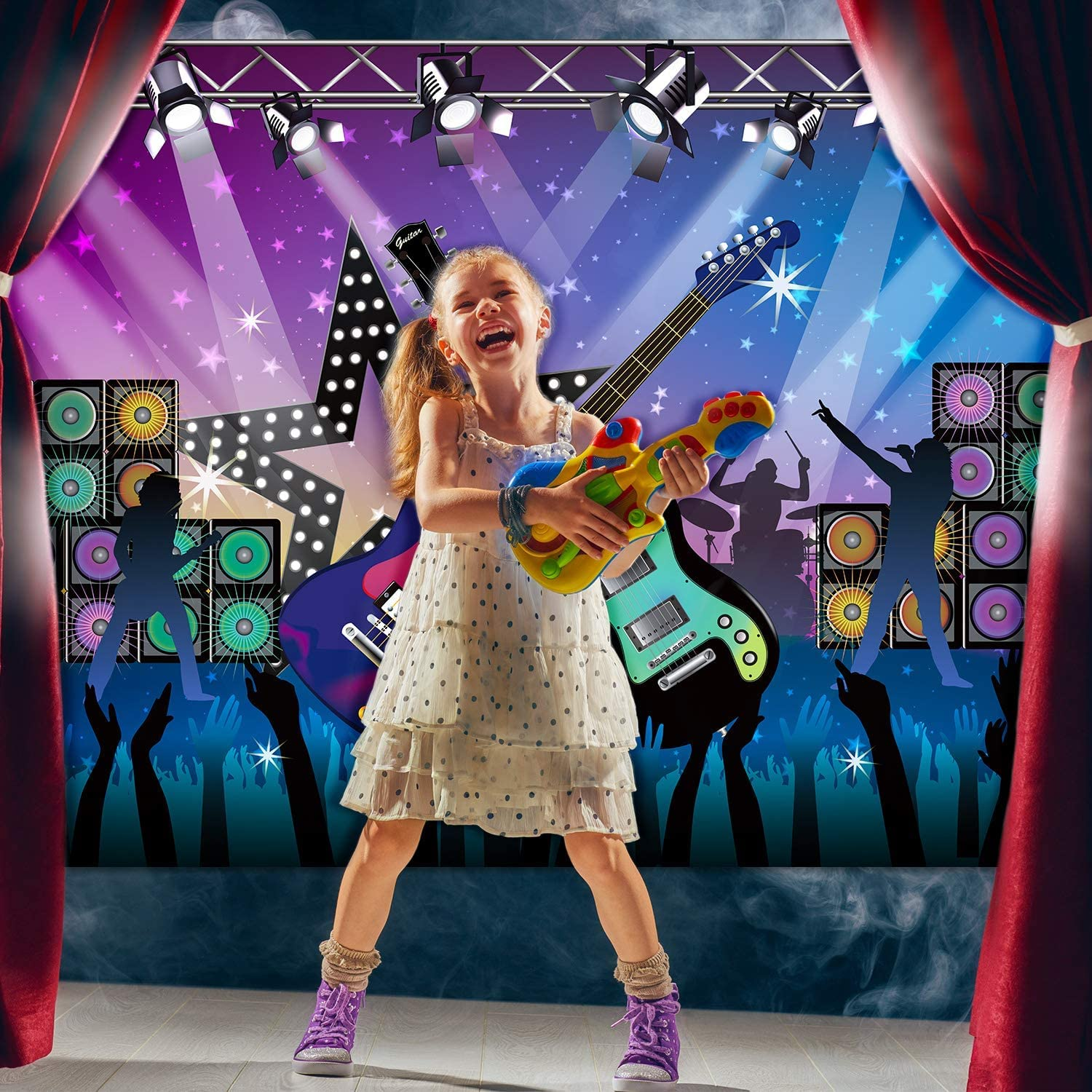 Karaoke Party Decorations Supplies, Large Fabric Rock Star Vacation Party Backdrop Banner for Rock N Roll Party Decorations, Rock Star Banner Background, 72.8 X 43.3 Inch