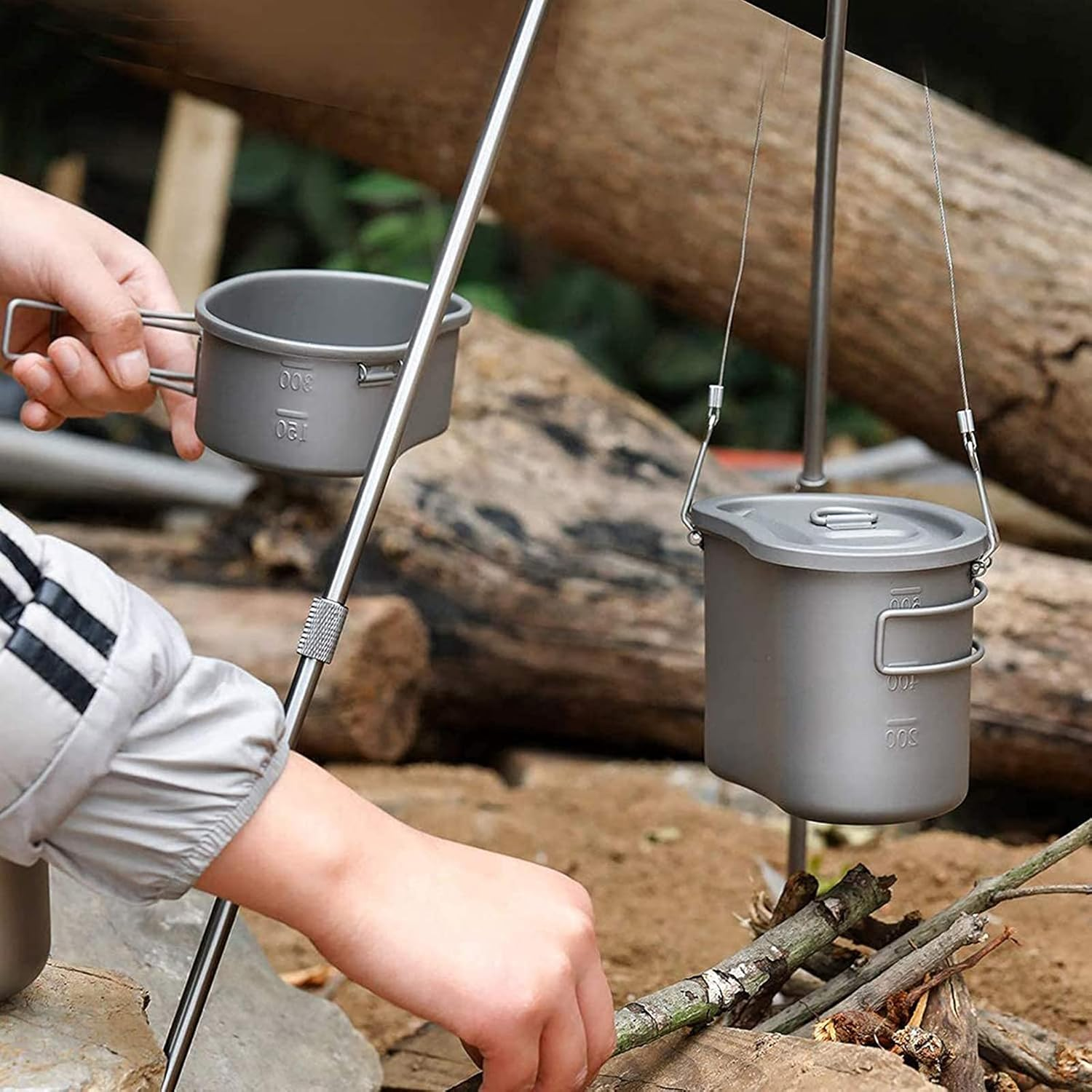 Titanium Canteen Mess Kit Lunch with Foldable Handle Hanging Ring Portable for Outdoor Camping Hiking image number 3