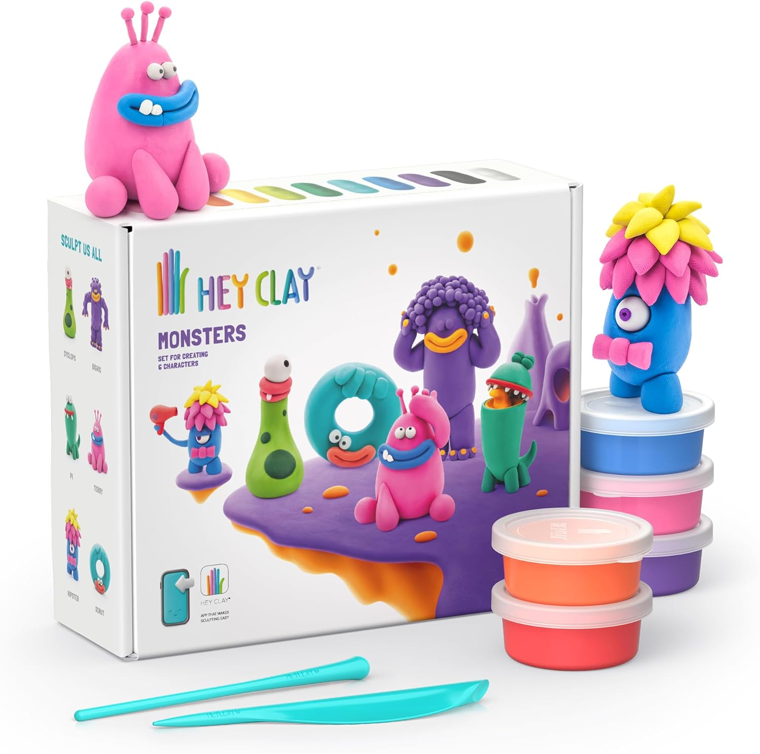 Hey Clay Monsters Set &ndash; 15 Cans Air Dry Clay with Sculpting Tools & Interactive App Instructions &ndash; Fun Modeling Kit for Kids Ages 4-8