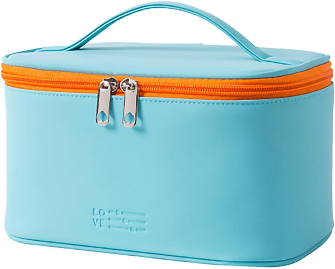 Light Blue PU Leather Travel Water-Resistant Makeup Bag for Women, Large Capacity Organizer with Handle, Cosmetic Bags for Travel Essentials