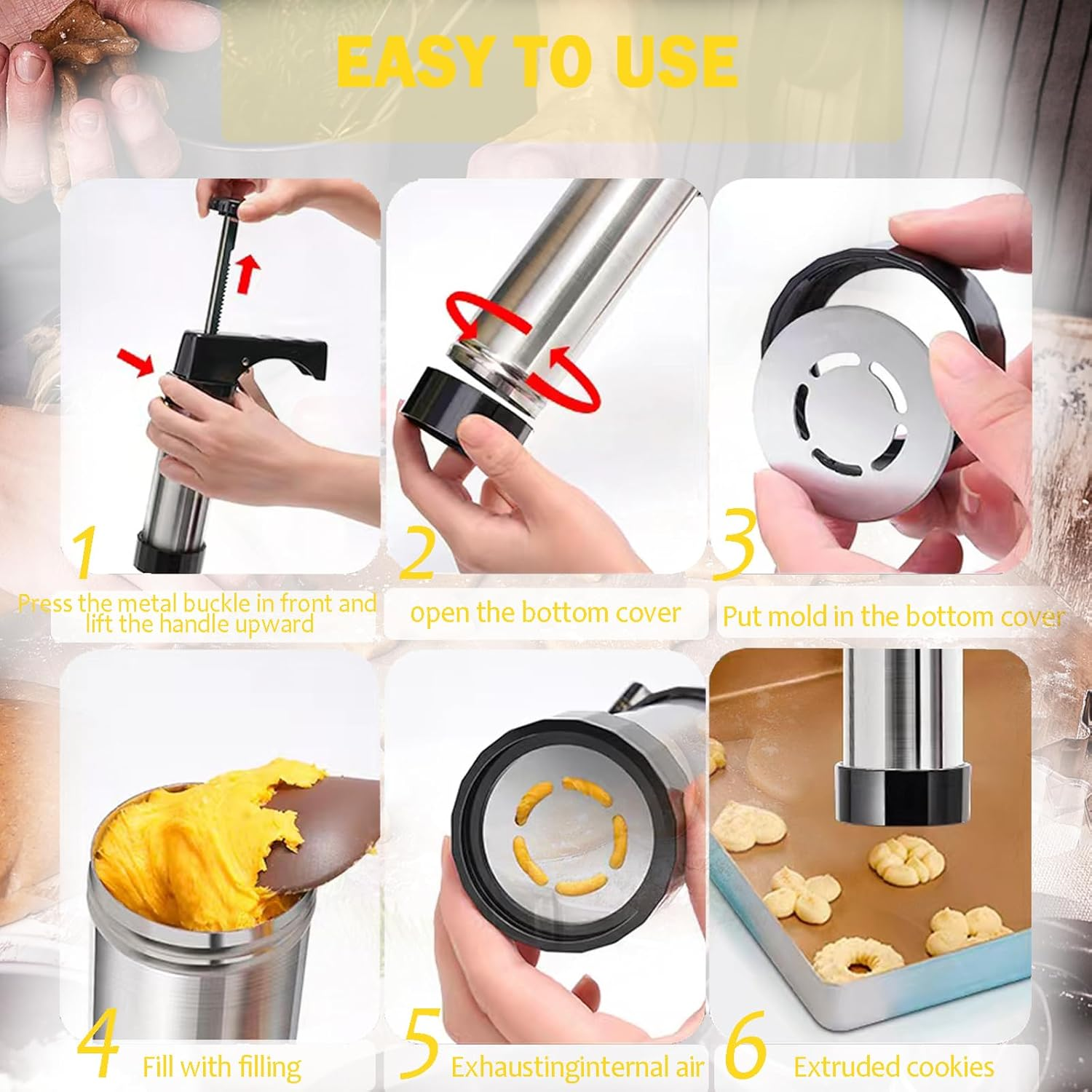 Jeyssui Cookie Press Gun，With 13 Spritz Cookie Press Stencil Discs and 8 Piping - Versatile,Reusable, Classic Stainless Steel Cookie Press for Baking,For Holidays Christmas Birthday DIY Biscuit Maker image number 1