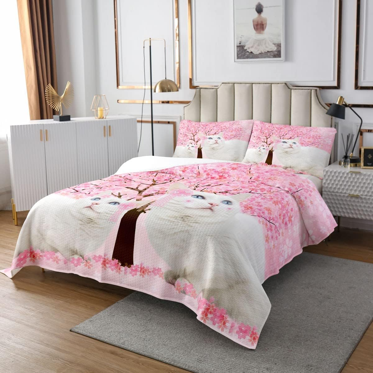 Feelingyou White Cats Bedspread Girls Teens, Watercolour Pink Flower Tree Duvet Set of 3 Decorative with 2 Pillowcases, Cute Kawaii Animal Motif Bed Linen Quilted 220 X 240 Cm for Girls Teens image number 3