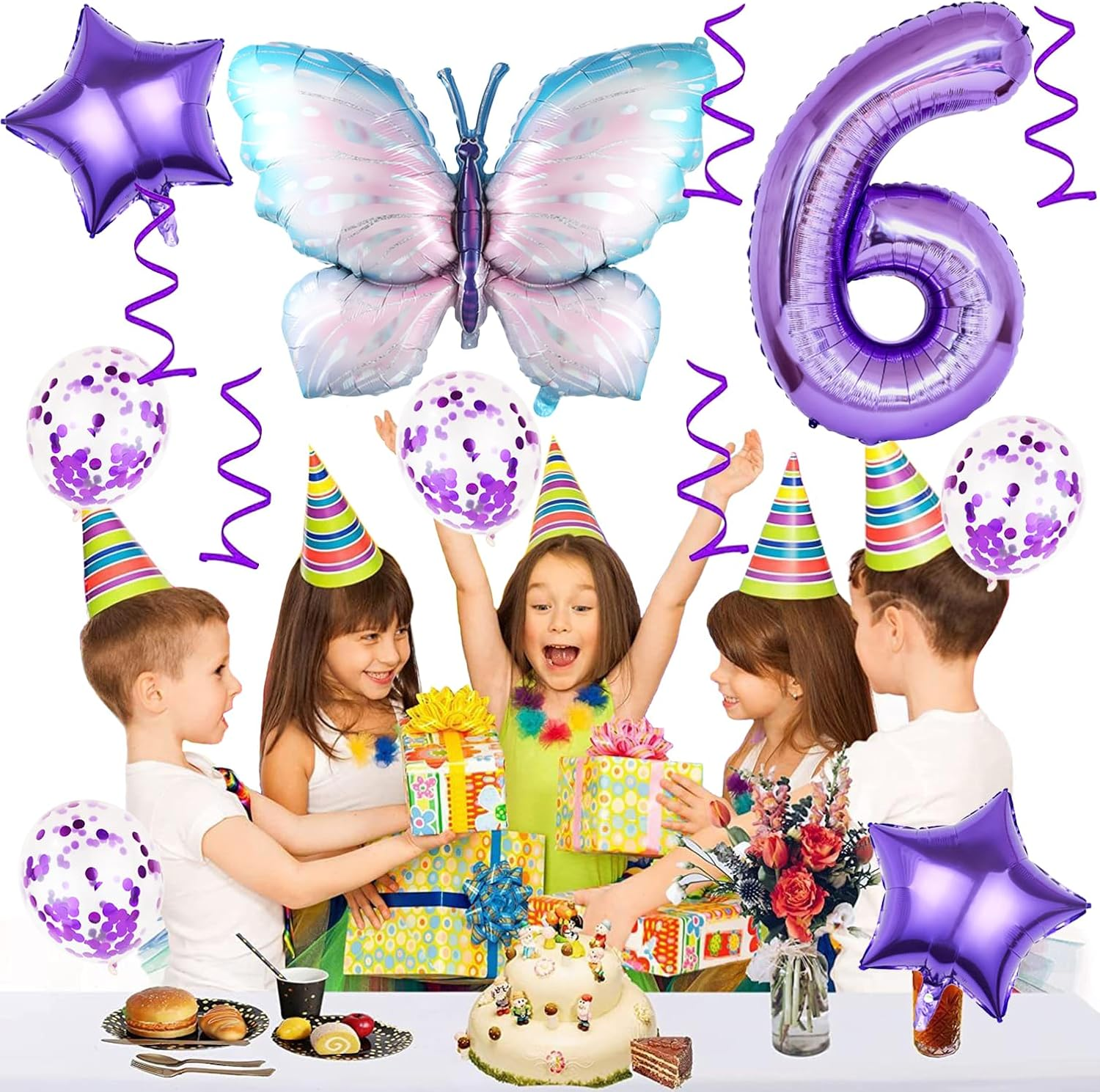 6Th Birthday Butterfly Balloons - Giant Purple Aluminum Foil Number 6 Mylar Balloon for Theme Party Supplies, Baby Shower, Girls Birthday Decor - 6 image number 3