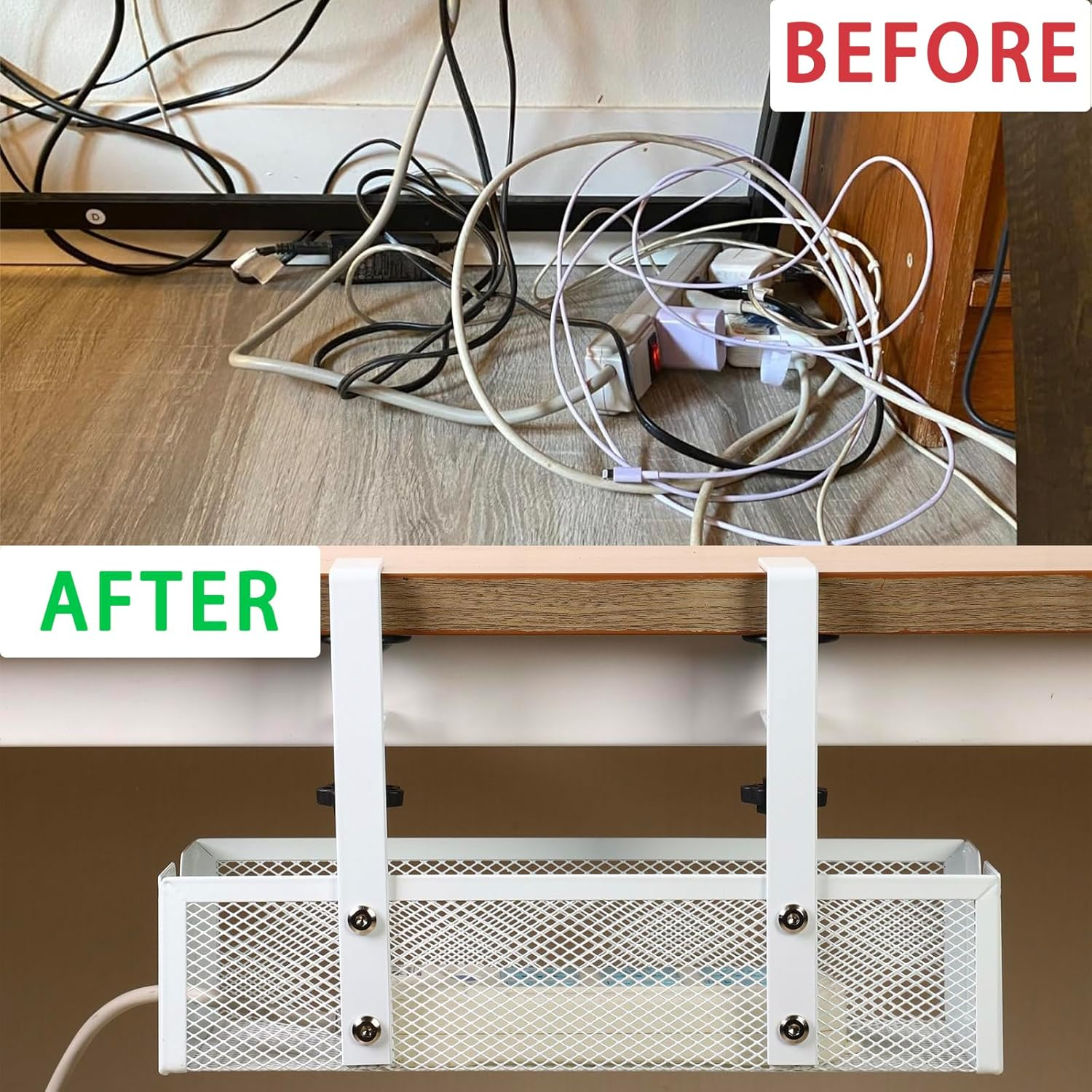 Under Desk Cable Management Tray - Easy Clamp Mount, No Drill Steel Organizer - Neat and Tidy Wire Storage for Home, Office, and Standing Desks (White) image number 6