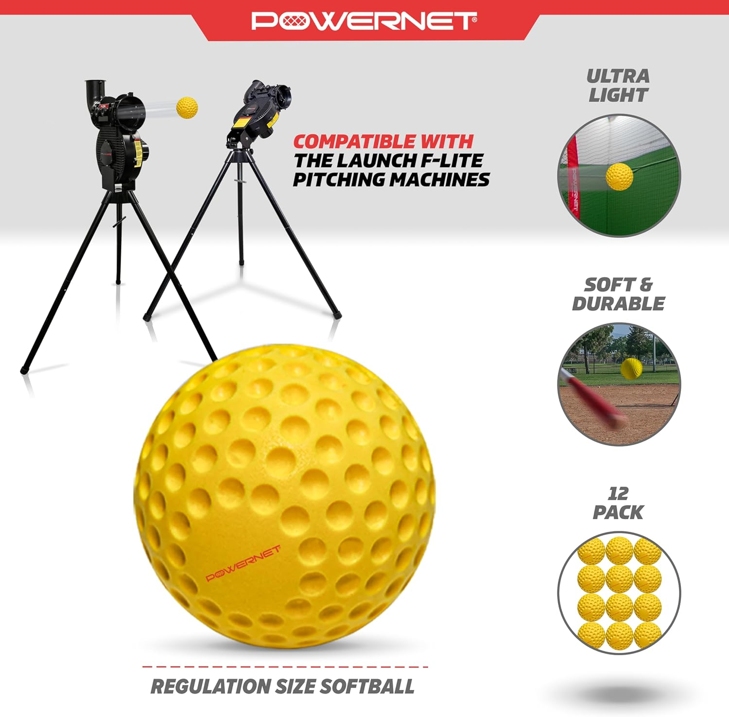 Powernet Launch F-Lite Ultra Light Dimpled Practice Balls for Pitching Machine | One Dozen | Baseball and Softball Available