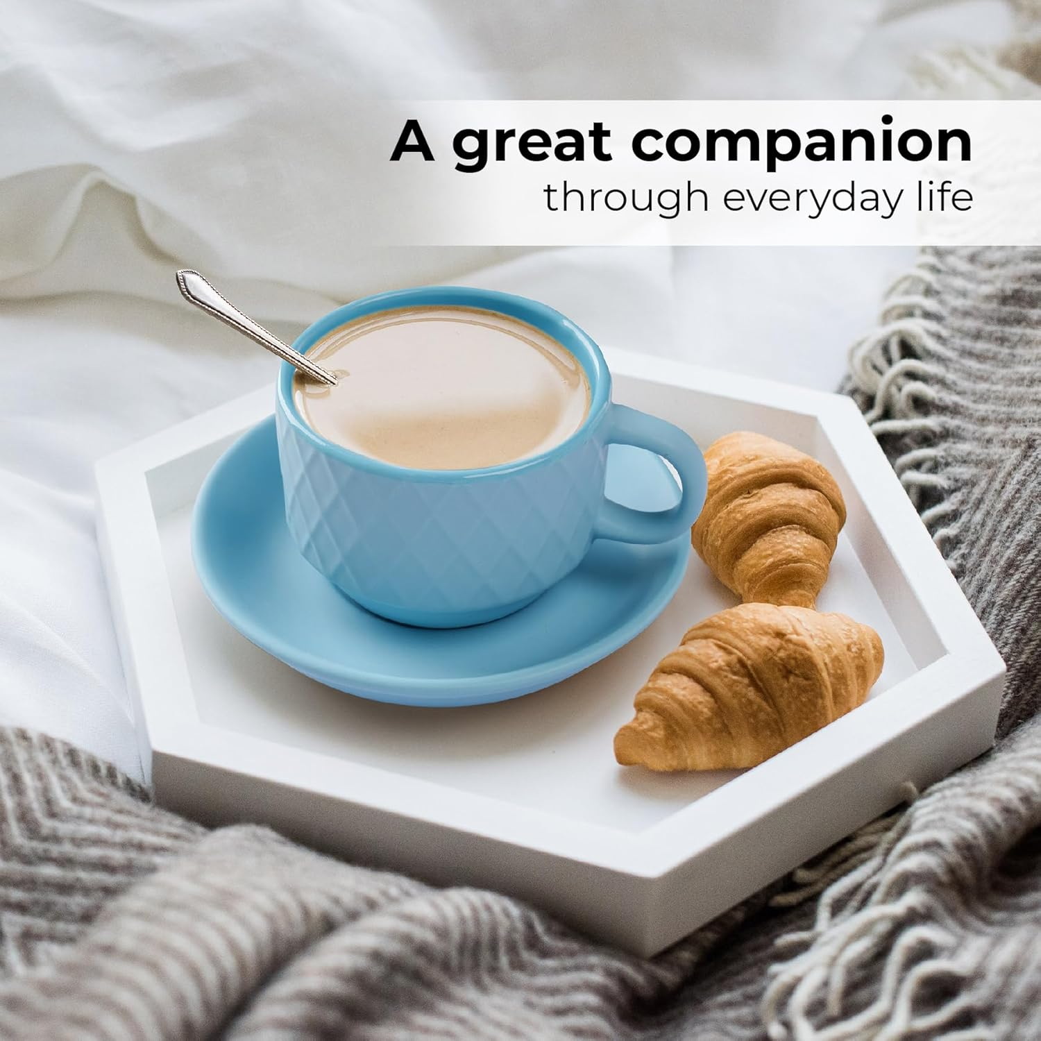 MIAMIO - 6 X 75 Ml Stoneware Espresso Mug, Cup Set Modern with Stand and Saucers - Palmanova Collection (Ocean Blue) image number 1