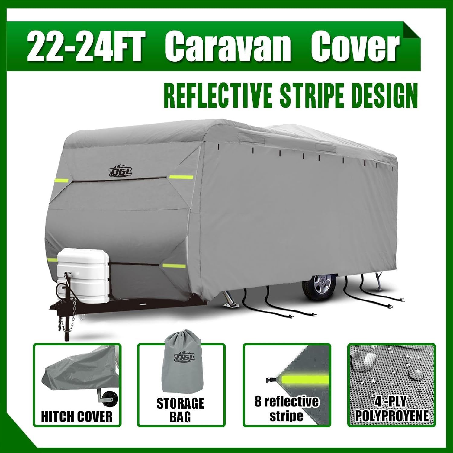 OGL 22 to 24Ft Caravan Cover UV Water Proof Heavy Duty Travel Campervan Trailer Accessories 4 Layer Polypropylene Protector with Hitch Cover Storage Bag image number 6