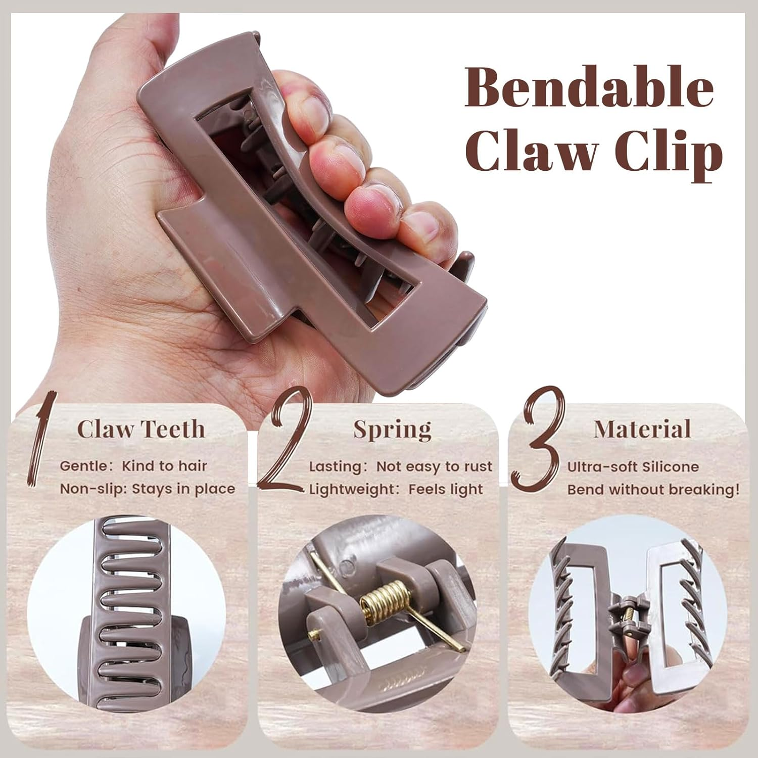 Muorruo 4 Pack Cloud Clip, Flexible Silicone Hair Clips, Non-Slip Large Bendable Clip, Soft Hair Clips for Thin and Thick Hair, Non-Removable Hair Clip (Brown) - Multi-Colored image number 6